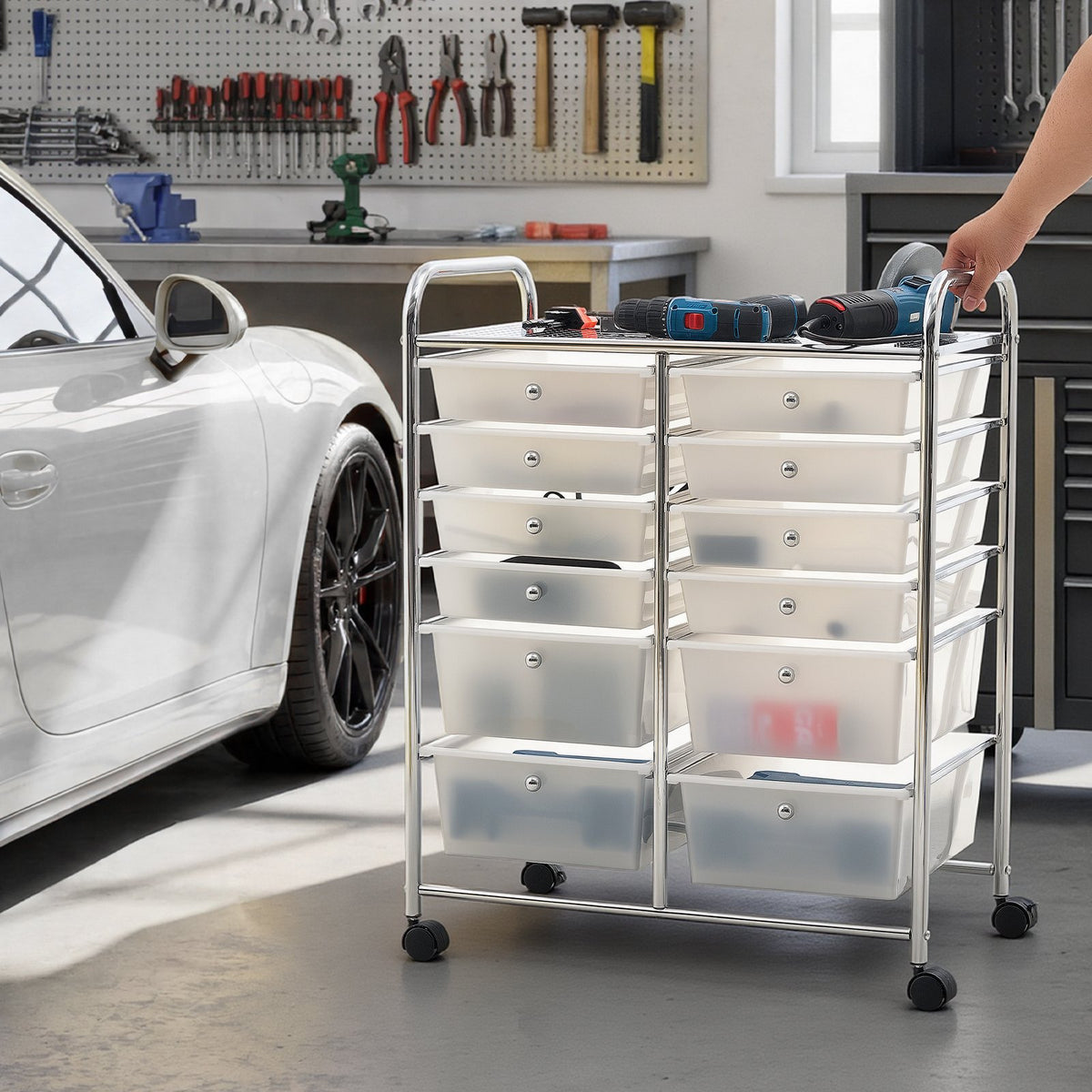VEVOR Rolling Cart with Drawers, Double Row 12 Drawer Storage Organizer, Mobile Utility Cart with Chrome Steel Frame, Universal Casters & 2 Brakes, for Office, Classroom, Craft Room, Studio, Garage - CTTCSPSPBXG1H6L6X001V0 - view 9