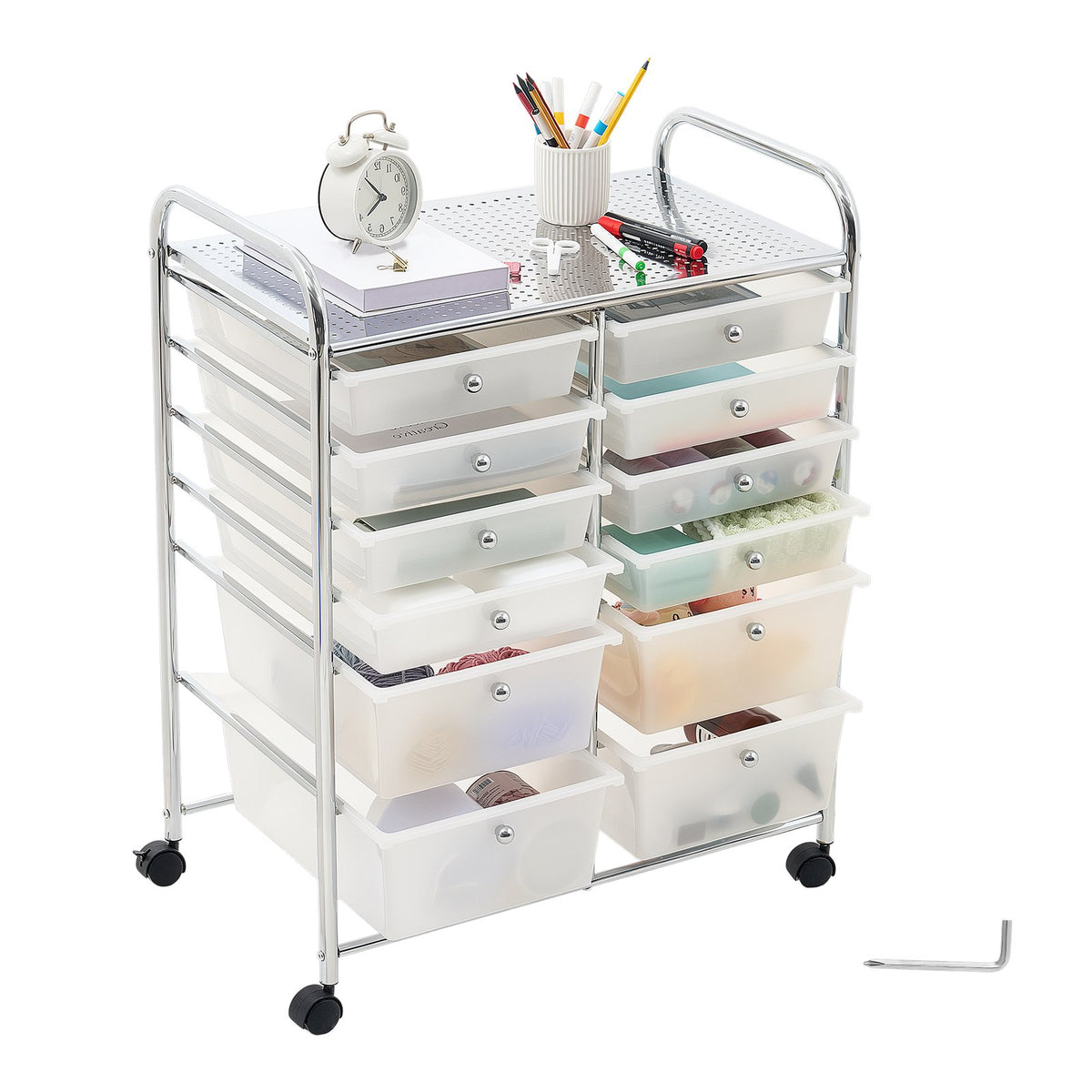 VEVOR Rolling Cart with Drawers, Double Row 12 Drawer Storage Organizer, Mobile Utility Cart with Chrome Steel Frame, Universal Casters & 2 Brakes, for Office, Classroom, Craft Room, Studio, Garage - CTTCSPSPBXG1H6L6X001V0 - view 10