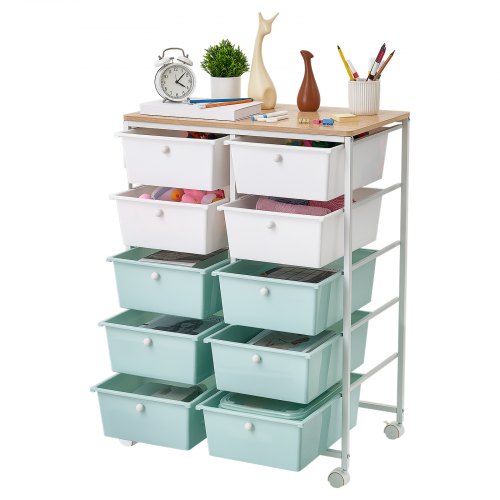 VEVOR Rolling Cart with Drawers, Double Row 10 Drawer Storage Organizer, Mobile Utility Cart, Wood Top, Steel Frame, Universal Casters & 2 Brakes, for Office, Classroom, Craft Room, Studio, Blue White - CTTCSPSPPT10TWFM7001V0 - view 2