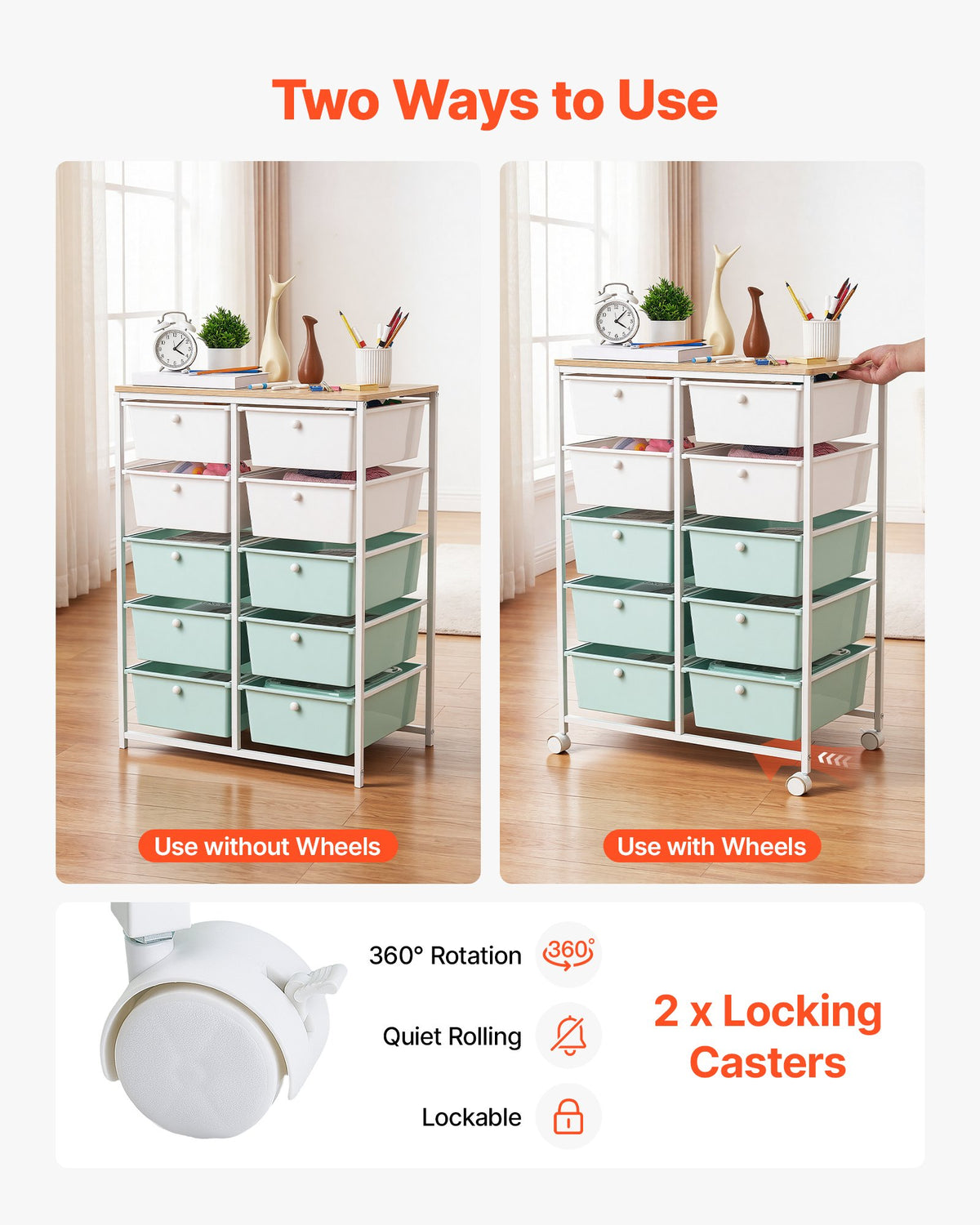 VEVOR Rolling Cart with Drawers, Double Row 10 Drawer Storage Organizer, Mobile Utility Cart, Wood Top, Steel Frame, Universal Casters & 2 Brakes, for Office, Classroom, Craft Room, Studio, Blue White - CTTCSPSPPT10TWFM7001V0 - view 4