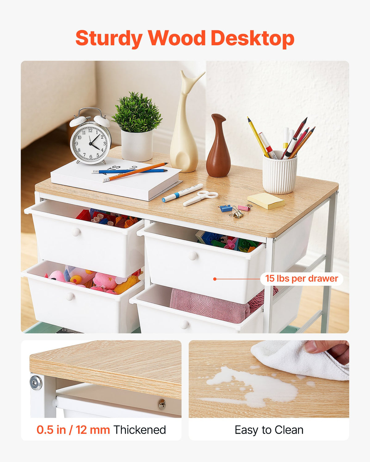 VEVOR Rolling Cart with Drawers, Double Row 10 Drawer Storage Organizer, Mobile Utility Cart, Wood Top, Steel Frame, Universal Casters & 2 Brakes, for Office, Classroom, Craft Room, Studio, Blue White - CTTCSPSPPT10TWFM7001V0 - view 5