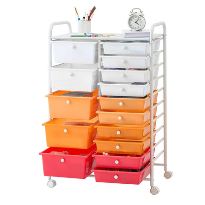 VEVOR Rolling Cart with Drawers, Double Row 15 Drawer Storage Organizer, Mobile Utility Cart, Steel Frame, Universal Casters & 2 Brakes, for Office, Classroom, Craft Room, Studio, Garage, Gradient Red - CTTCSPSPPT151CBNX001V0 - view 1