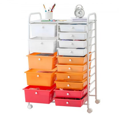 VEVOR Rolling Cart with Drawers, Double Row 15 Drawer Storage Organizer, Mobile Utility Cart, Steel Frame, Universal Casters & 2 Brakes, for Office, Classroom, Craft Room, Studio, Garage, Gradient Red - CTTCSPSPPT151CBNX001V0 - view 2