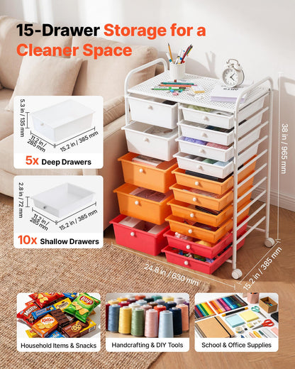 VEVOR Rolling Cart with Drawers, Double Row 15 Drawer Storage Organizer, Mobile Utility Cart, Steel Frame, Universal Casters & 2 Brakes, for Office, Classroom, Craft Room, Studio, Garage, Gradient Red - CTTCSPSPPT151CBNX001V0 - view 3