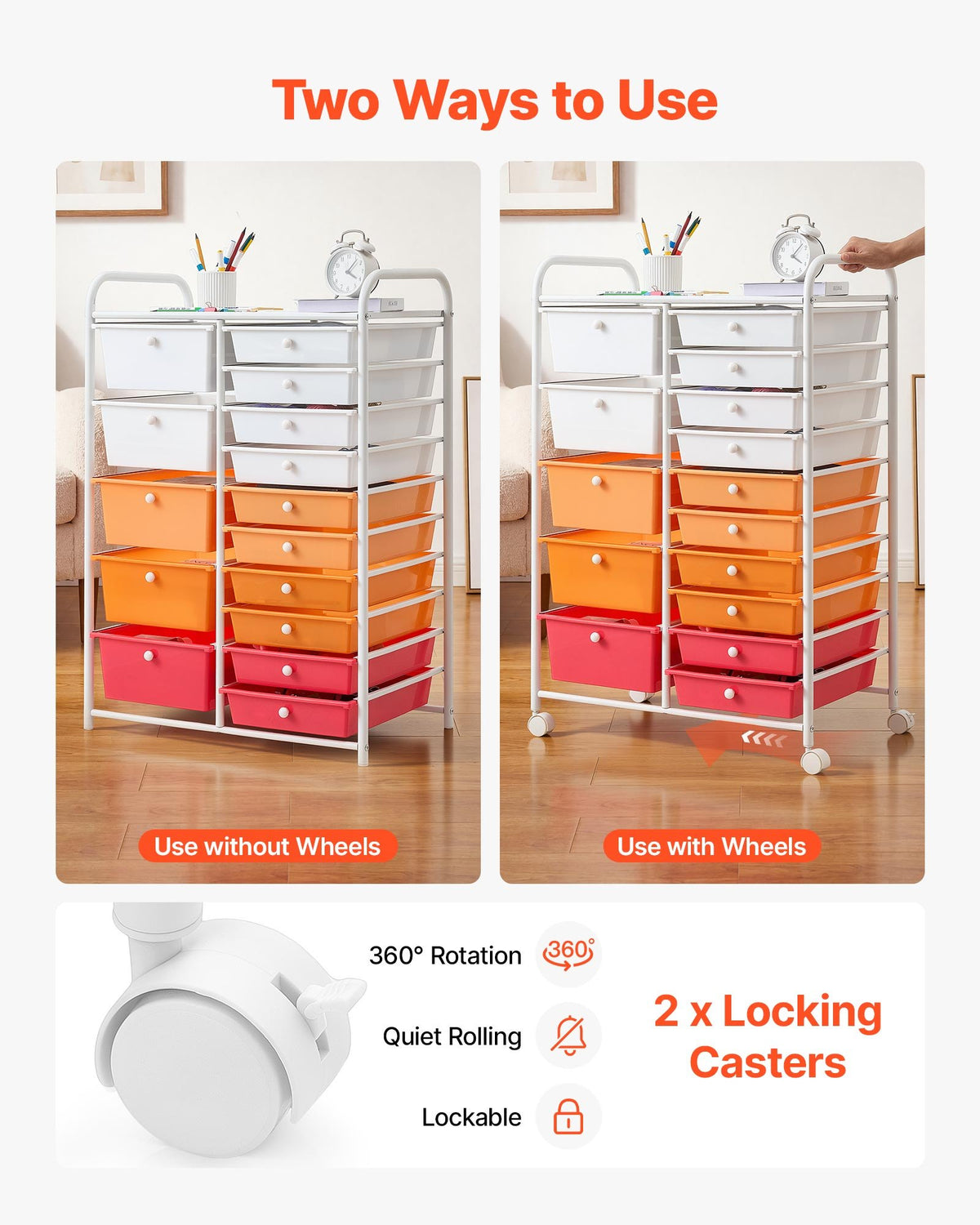 VEVOR Rolling Cart with Drawers, Double Row 15 Drawer Storage Organizer, Mobile Utility Cart, Steel Frame, Universal Casters & 2 Brakes, for Office, Classroom, Craft Room, Studio, Garage, Gradient Red - CTTCSPSPPT151CBNX001V0 - view 4