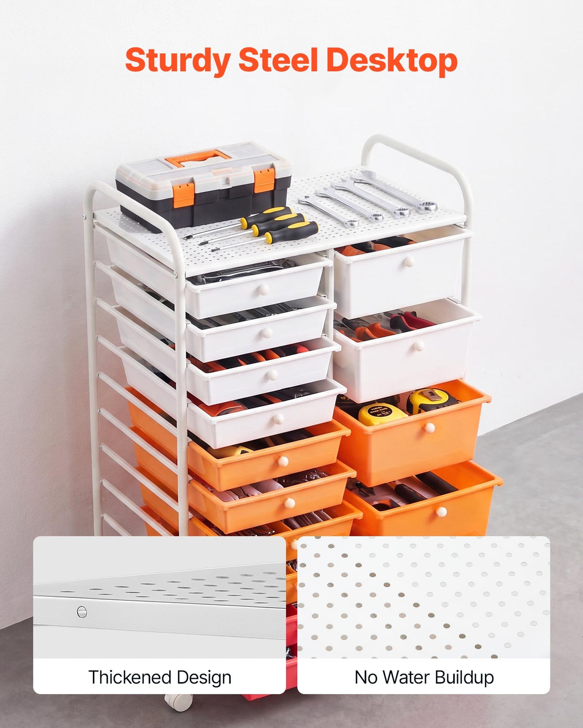 VEVOR Rolling Cart with Drawers, Double Row 15 Drawer Storage Organizer, Mobile Utility Cart, Steel Frame, Universal Casters & 2 Brakes, for Office, Classroom, Craft Room, Studio, Garage, Gradient Red - CTTCSPSPPT151CBNX001V0 - view 5