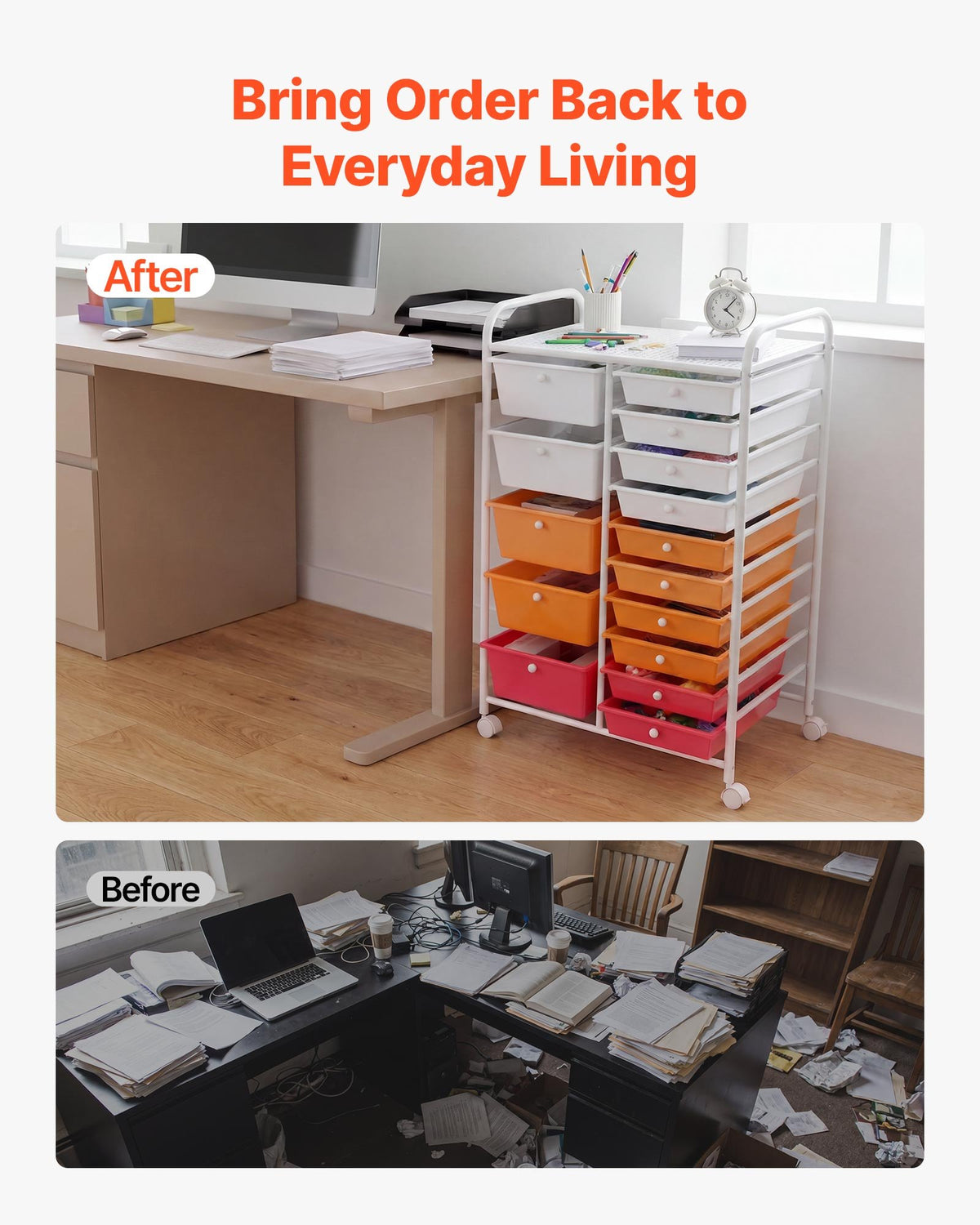 VEVOR Rolling Cart with Drawers, Double Row 15 Drawer Storage Organizer, Mobile Utility Cart, Steel Frame, Universal Casters & 2 Brakes, for Office, Classroom, Craft Room, Studio, Garage, Gradient Red - CTTCSPSPPT151CBNX001V0 - view 7
