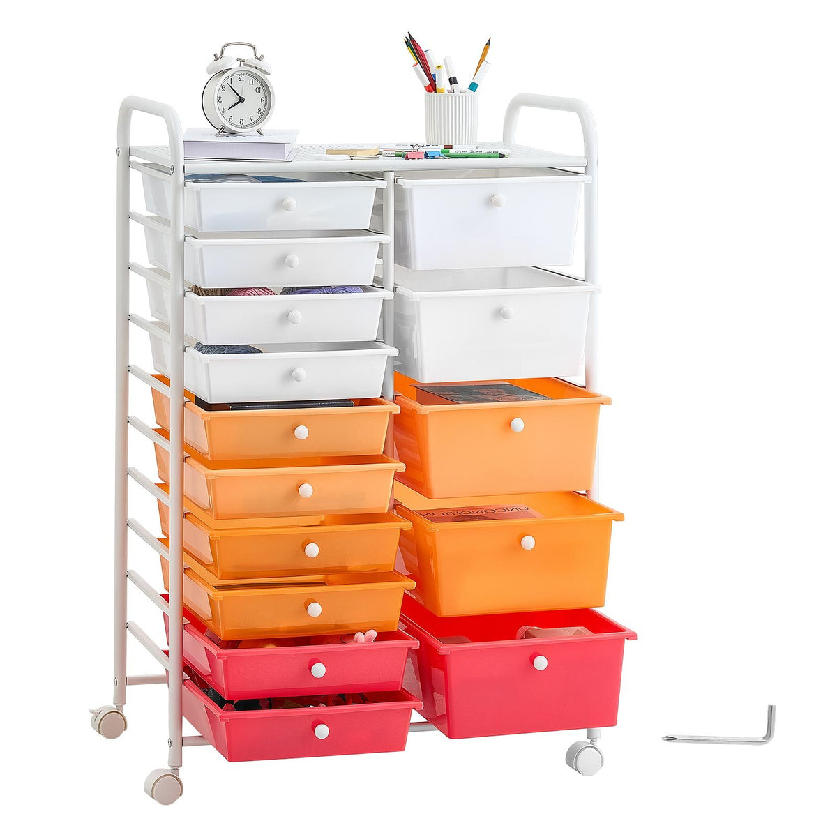 VEVOR Rolling Cart with Drawers, Double Row 15 Drawer Storage Organizer, Mobile Utility Cart, Steel Frame, Universal Casters & 2 Brakes, for Office, Classroom, Craft Room, Studio, Garage, Gradient Red - CTTCSPSPPT151CBNX001V0 - view 10