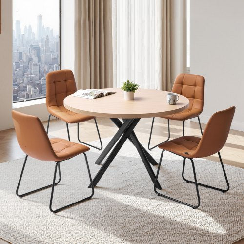 VEVOR 5-Piece Dining Table Set, Space-Saving Round Kitchen Table with 4 Upholstered Orange Chairs, PU Leather Cushions, Modern Wood-Tone Desk with Adjustable Foot Pads for Dining Room, Small Spaces - CTTZKS75G4JC1VI9Q001V0 - view 2