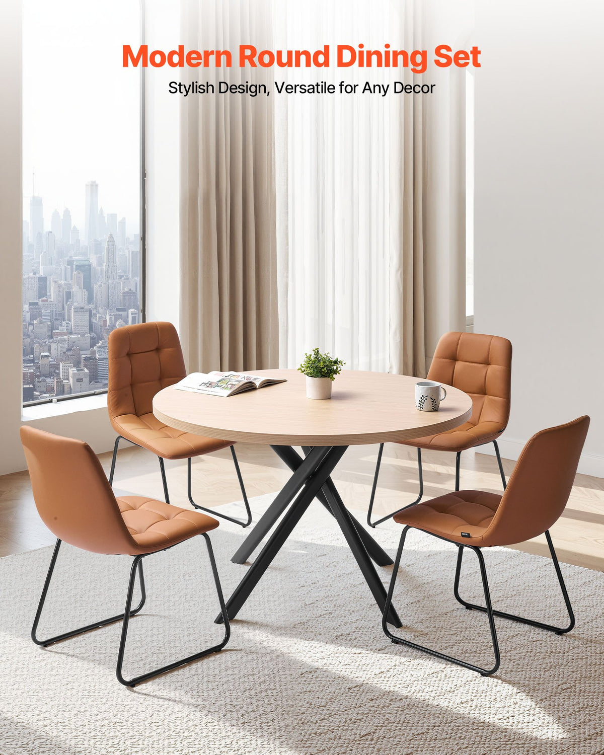 VEVOR 5-Piece Dining Table Set, Space-Saving Round Kitchen Table with 4 Upholstered Orange Chairs, PU Leather Cushions, Modern Wood-Tone Desk with Adjustable Foot Pads for Dining Room, Small Spaces - CTTZKS75G4JC1VI9Q001V0 - view 3
