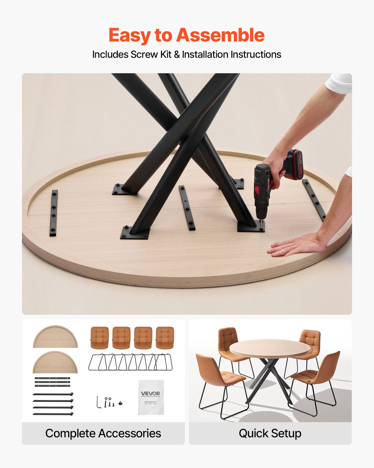 VEVOR 5-Piece Dining Table Set, Space-Saving Round Kitchen Table with 4 Upholstered Orange Chairs, PU Leather Cushions, Modern Wood-Tone Desk with Adjustable Foot Pads for Dining Room, Small Spaces - CTTZKS75G4JC1VI9Q001V0 - view 7