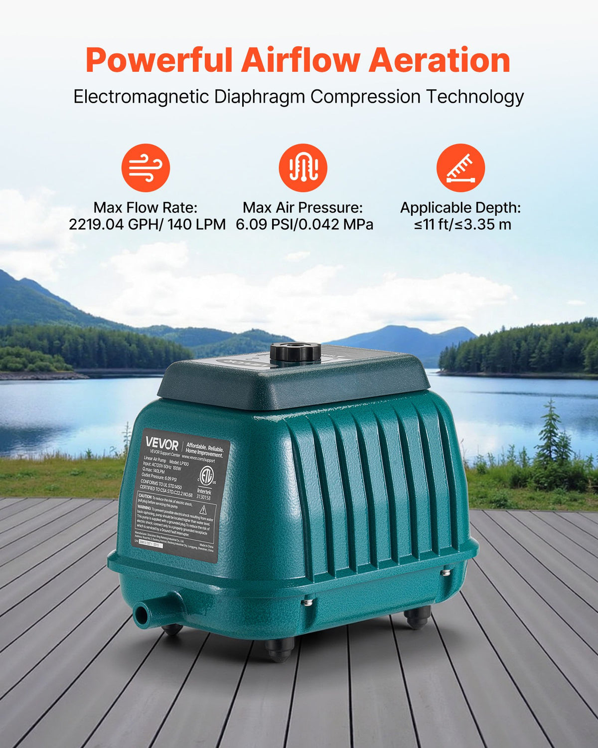 VEVOR Linear Air Pump, 2219.04 GPH Air Flow, Septic Aerator Pump, Aeration System for 11 ft Deep Ponds, Fit for Septic Tanks, Aquariums, Waste Treatment, Seafood Restaurants, Fish Farms, Hydroponics - CTXXPQB100W1R1ILA001V1 - view 3