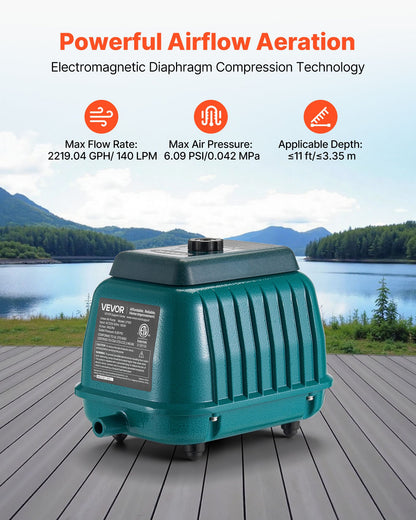 VEVOR Linear Air Pump, 2219.04 GPH Air Flow, Septic Aerator Pump, Aeration System for 11 ft Deep Ponds, Fit for Septic Tanks, Aquariums, Waste Treatment, Seafood Restaurants, Fish Farms, Hydroponics - CTXXPQB100W1R1ILA001V1 - view 3
