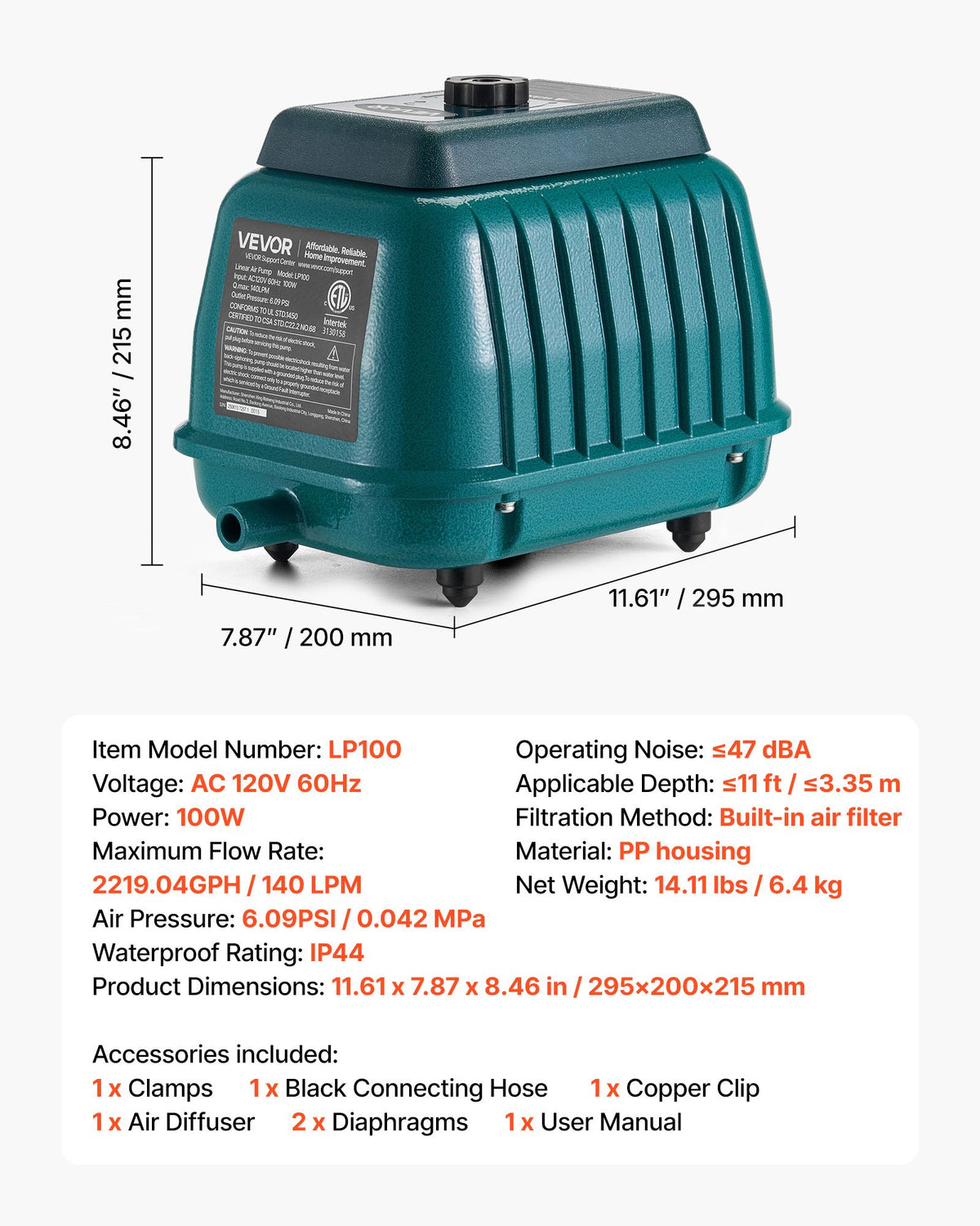 VEVOR Linear Air Pump, 2219.04 GPH Air Flow, Septic Aerator Pump, Aeration System for 11 ft Deep Ponds, Fit for Septic Tanks, Aquariums, Waste Treatment, Seafood Restaurants, Fish Farms, Hydroponics - CTXXPQB100W1R1ILA001V1 - view 8