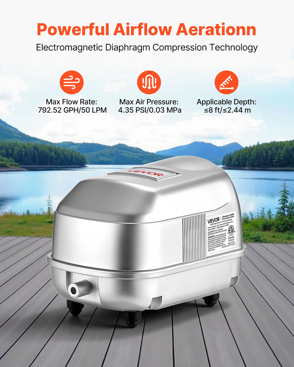 VEVOR Linear Air Pump, 792.52 GPH Air Flow, Septic Aerator Pump, Aeration System for 8 ft Deep Ponds, Fit for Septic Tanks, Aquariums, Waste Treatment, Seafood Restaurants, Fish Farms, Hydroponics - CTXXPQB25W60LKKV8001V1 - view 3