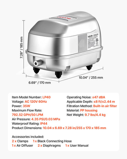 VEVOR Linear Air Pump, 792.52 GPH Air Flow, Septic Aerator Pump, Aeration System for 8 ft Deep Ponds, Fit for Septic Tanks, Aquariums, Waste Treatment, Seafood Restaurants, Fish Farms, Hydroponics - CTXXPQB25W60LKKV8001V1 - view 8