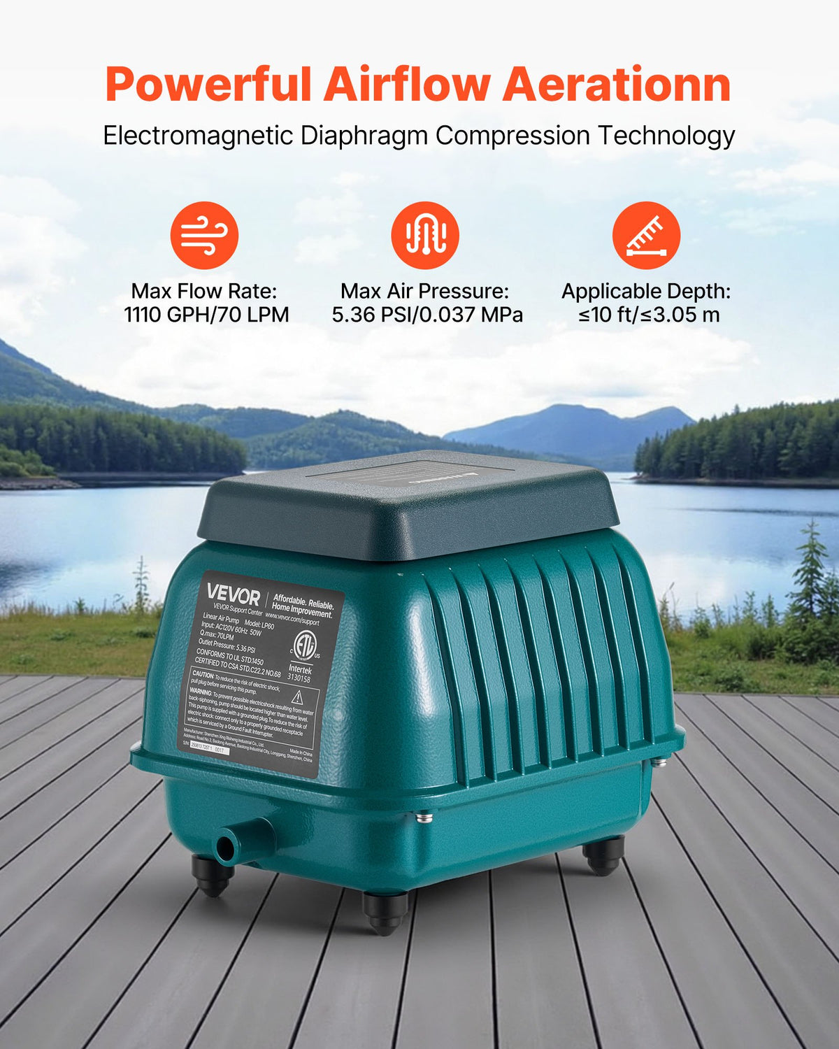 VEVOR Linear Air Pump, 1110 GPH Air Flow, Septic Aerator Pump, Aeration System for 10 ft Deep Ponds, Fit for Septic Tanks, Aquariums, Waste Treatment, Seafood Restaurants, Fish Farms, Hydroponics - CTXXPQB55W60IZVLA001V1 - view 3