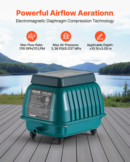 VEVOR Linear Air Pump, 1110 GPH Air Flow, Septic Aerator Pump, Aeration System for 10 ft Deep Ponds, Fit for Septic Tanks, Aquariums, Waste Treatment, Seafood Restaurants, Fish Farms, Hydroponics - CTXXPQB55W60IZVLA001V1 - view 3