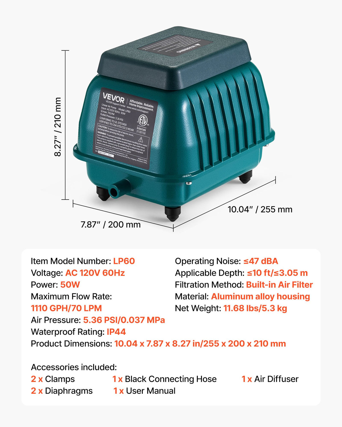 VEVOR Linear Air Pump, 1110 GPH Air Flow, Septic Aerator Pump, Aeration System for 10 ft Deep Ponds, Fit for Septic Tanks, Aquariums, Waste Treatment, Seafood Restaurants, Fish Farms, Hydroponics - CTXXPQB55W60IZVLA001V1 - view 8