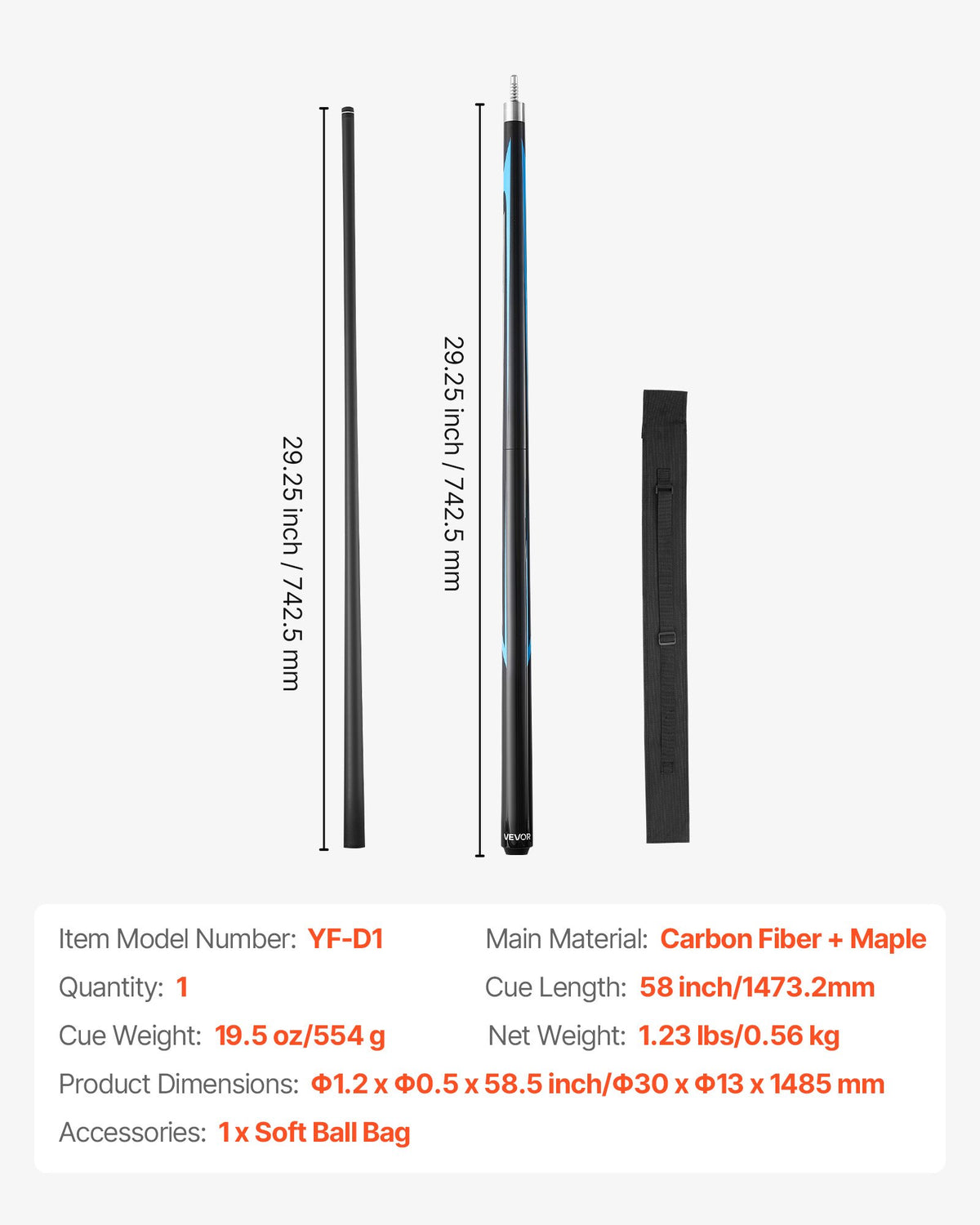 VEVOR Pool Cue, 1 Piece Jump Break Cue, 58 inch & 19.5 oz Break Cues Pool Stick, Breaks Stick with Carbon Fiber Shaft & Maple Cues Butt, Heavy Hitter Breaks Jump Billiard Cue for Adult, Home, Office - CTYTGCTYTG58X9VOL001V0 - view 8