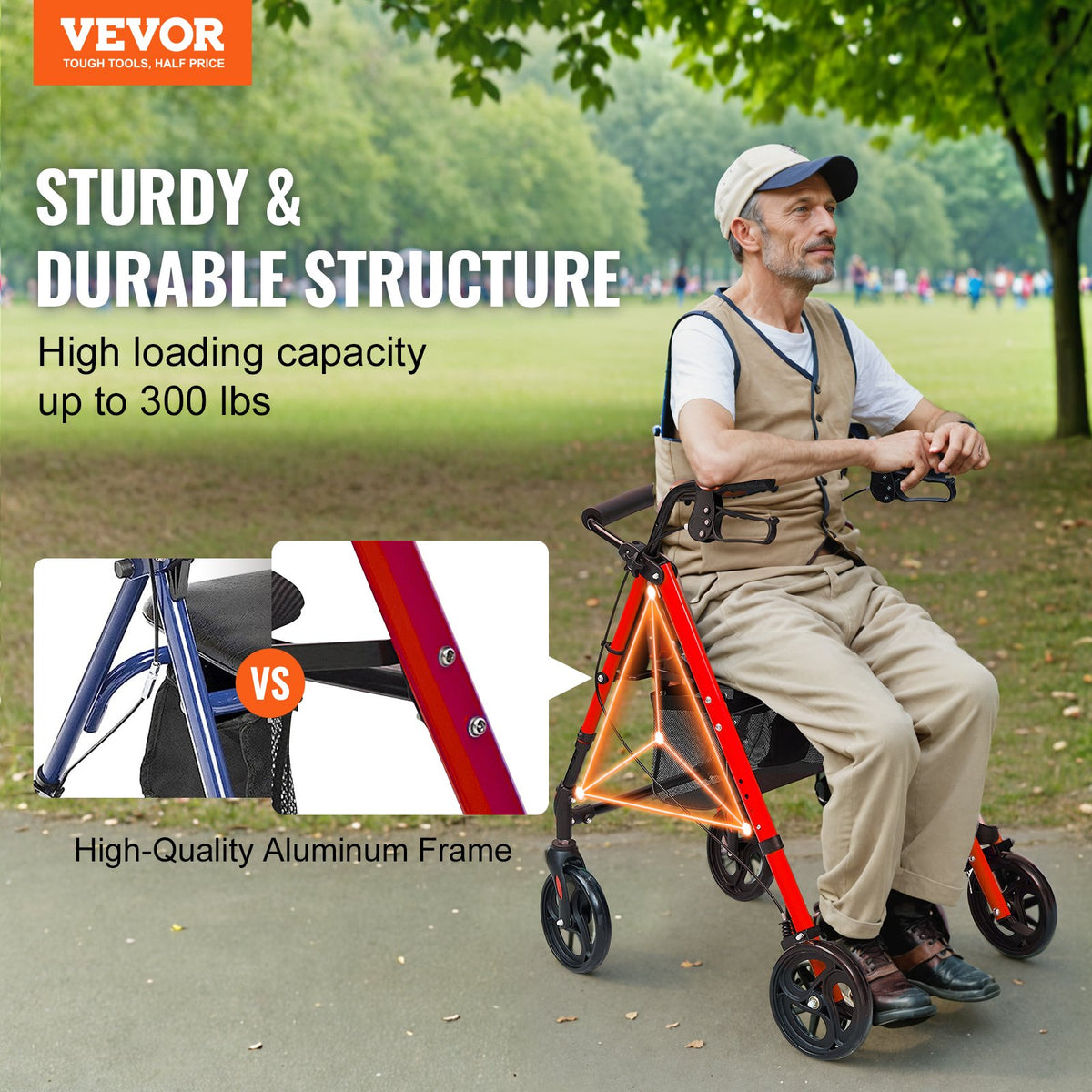 VEVOR Rollator Walker for Seniors and Adult, Lightweight Aluminum Foldable Rolling Walker with Adjustable Seat and Handle, Outdoor Mobility Rollator Walker with 8" All Terrain Wheels, 300LBS Capacity - CTZXQCKJL8INF9CPQV0 - view 3