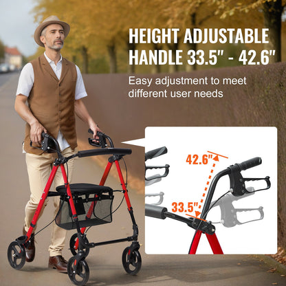 VEVOR Rollator Walker for Seniors and Adult, Lightweight Aluminum Foldable Rolling Walker with Adjustable Seat and Handle, Outdoor Mobility Rollator Walker with 8" All Terrain Wheels, 300LBS Capacity - CTZXQCKJL8INF9CPQV0 - view 4