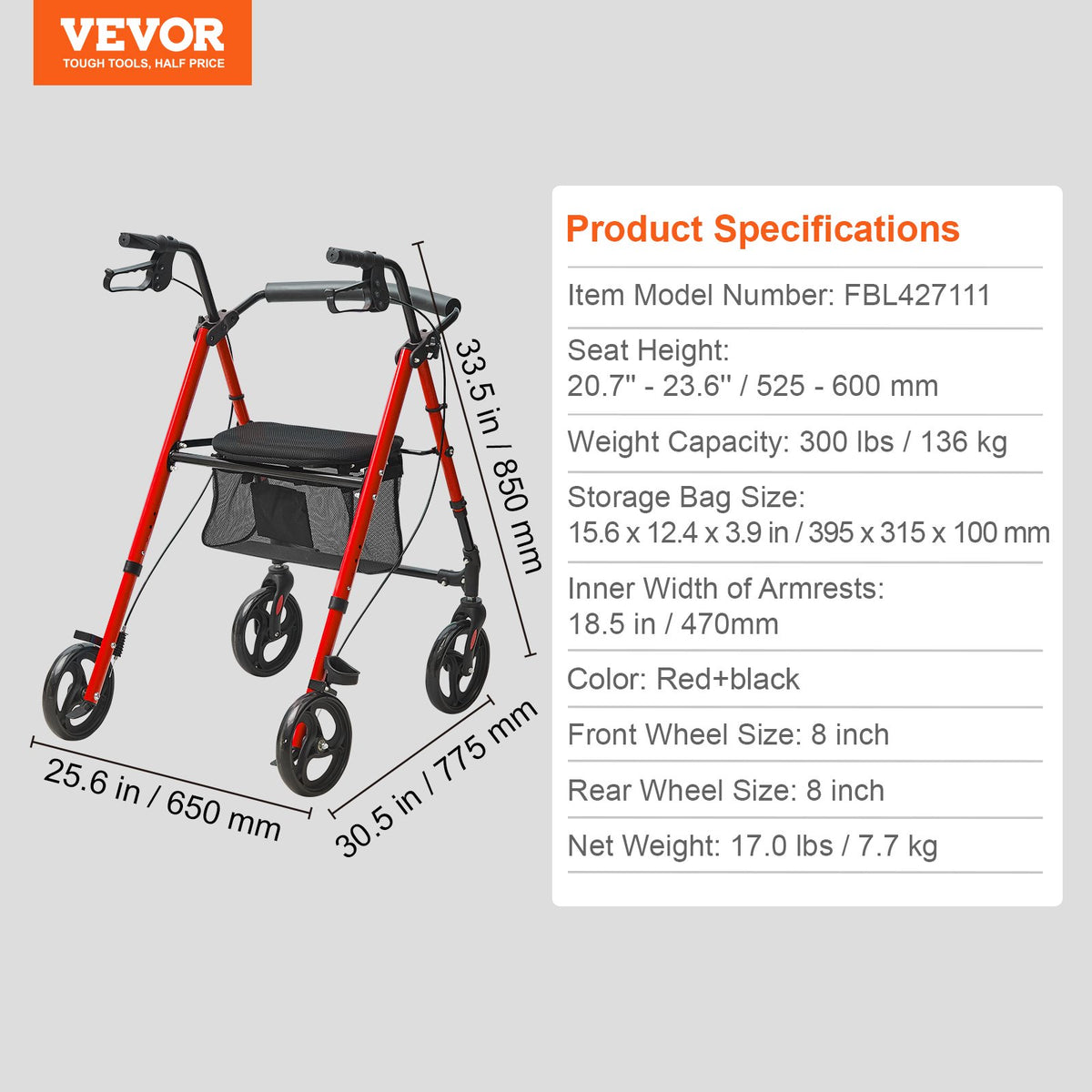 VEVOR Rollator Walker for Seniors and Adult, Lightweight Aluminum Foldable Rolling Walker with Adjustable Seat and Handle, Outdoor Mobility Rollator Walker with 8" All Terrain Wheels, 300LBS Capacity - CTZXQCKJL8INF9CPQV0 - view 8
