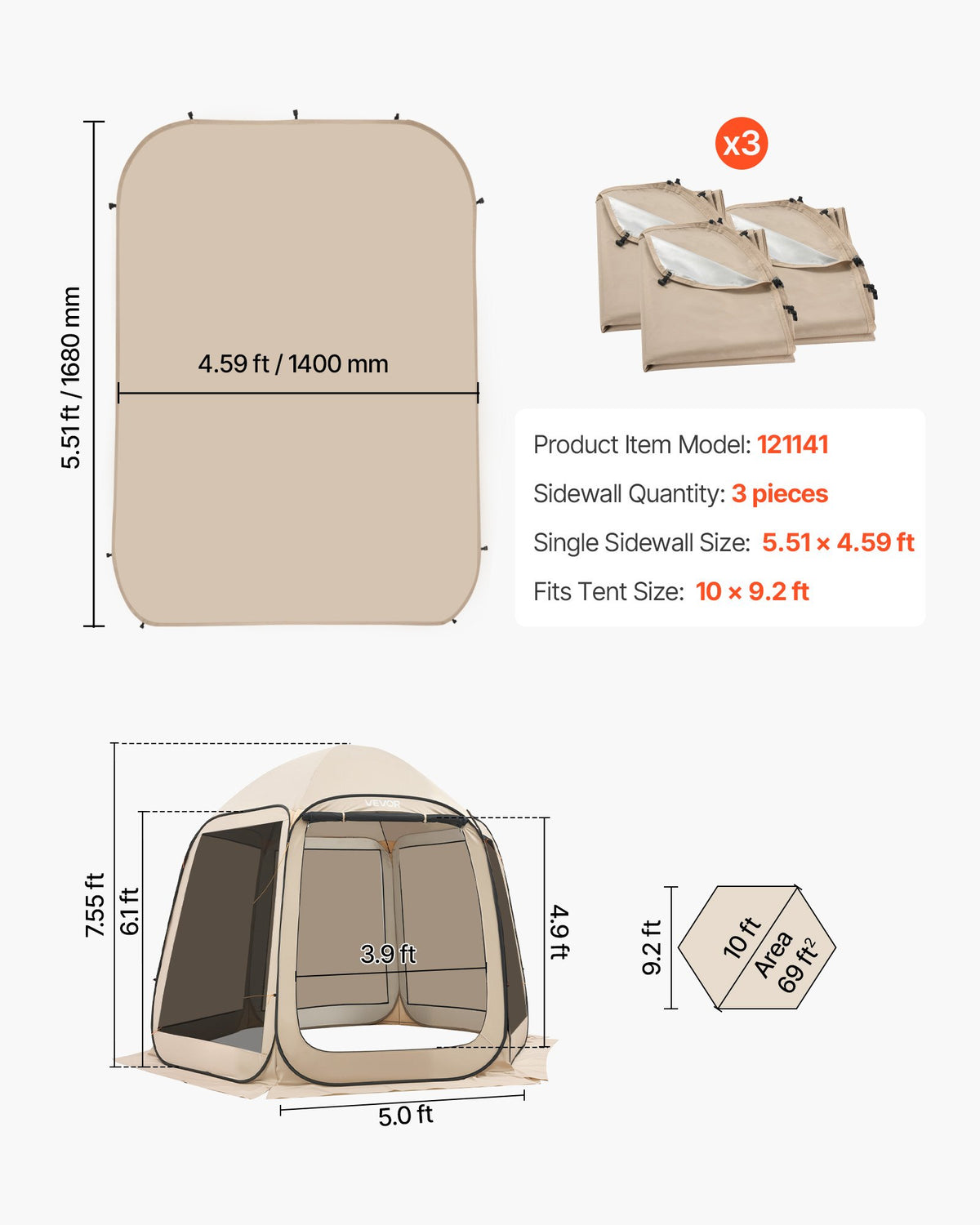 VEVOR Sun Shade Sail Canopy Covers, Fit for 10 x 9.2 ft Screen House Tent, Sun Protection, 5.51 x 4.23 ft 300D Oxford Silver-Coated Fabric, Pack of 3 (Not Include Tent), for Outdoor Activities, Beige - CWB1092FT3PZH0NTI001V0 - view 8