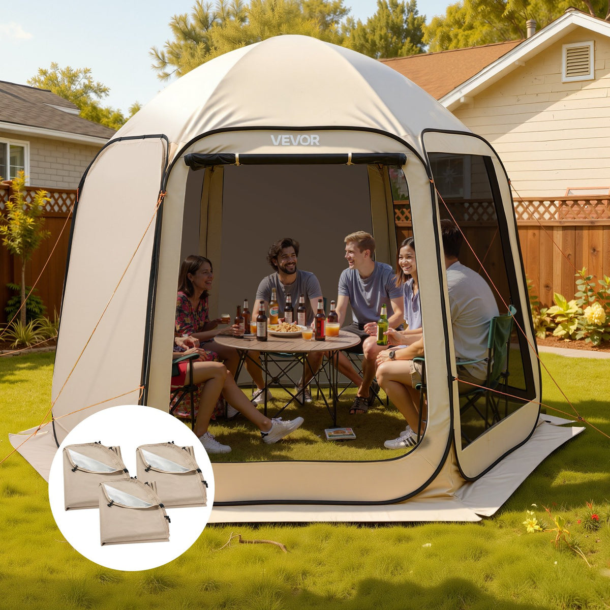 VEVOR Sun Shade Sail Canopy Covers, Fit for 10 x 9.2 ft Screen House Tent, Sun Protection, 5.51 x 4.23 ft 300D Oxford Silver-Coated Fabric, Pack of 3 (Not Include Tent), for Outdoor Activities, Beige - CWB1092FT3PZH0NTI001V0 - view 9