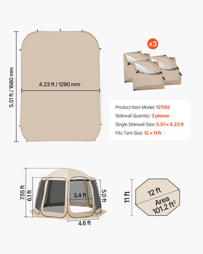 VEVOR Sun Shade Sail Canopy Covers, Fit for 12 x 11 ft Screen House Tent, Sun Protection, 5.51 x 4.59 ft 300D Oxford Silver-Coated Fabric, Pack of 3 (Not Include Tent), for Outdoor Activities, Beige - CWB1211FT3PZQEV4W001V0 - view 8