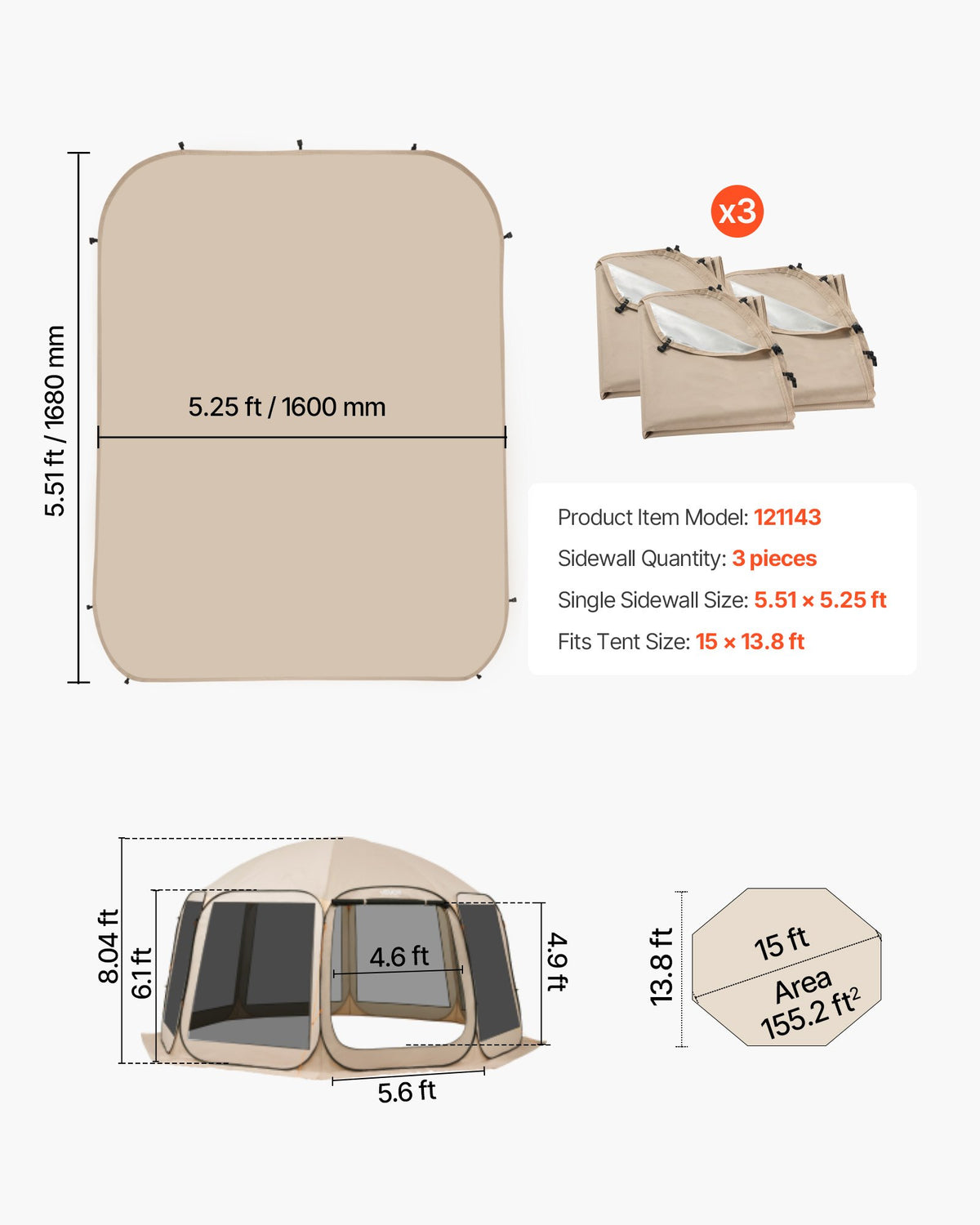VEVOR Sun Shade Sail Canopy Covers, Fit for 15 x 13.8 ft Screen House Tent, Sun Protection, 5.51 x 5.25 ft 300D Oxford Silver-Coated Fabric, Pack of 3 (Not Include Tent), for Outdoor Activities, Beige - CWB15138FT3PKWBB0001V0 - view 8
