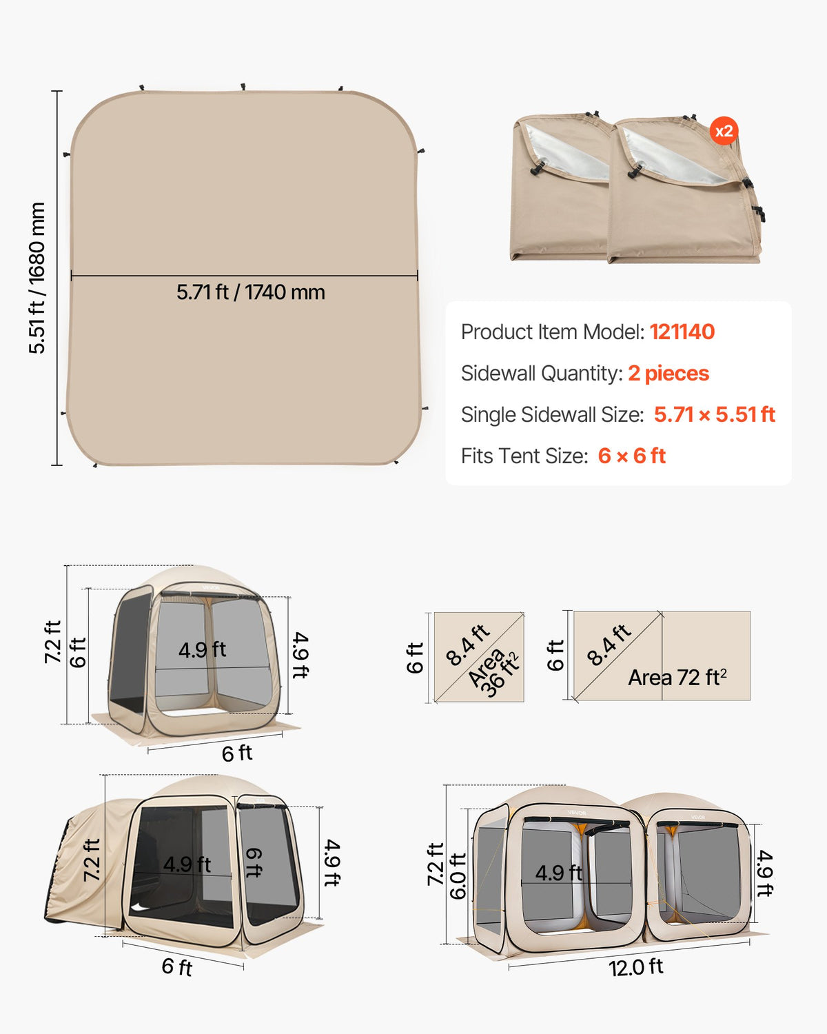 VEVOR Sun Shade Sail Canopy Covers, Fit for 6 x 6 ft Screen House Tent, Sun Protection, 5.51 x 5.71 ft 300D Oxford Silver-Coated Fabric, Pack of 2 (Not Include Tent), for Outdoor Activities, Beige - CWB66FT2PZ00AQE59001V0 - view 8