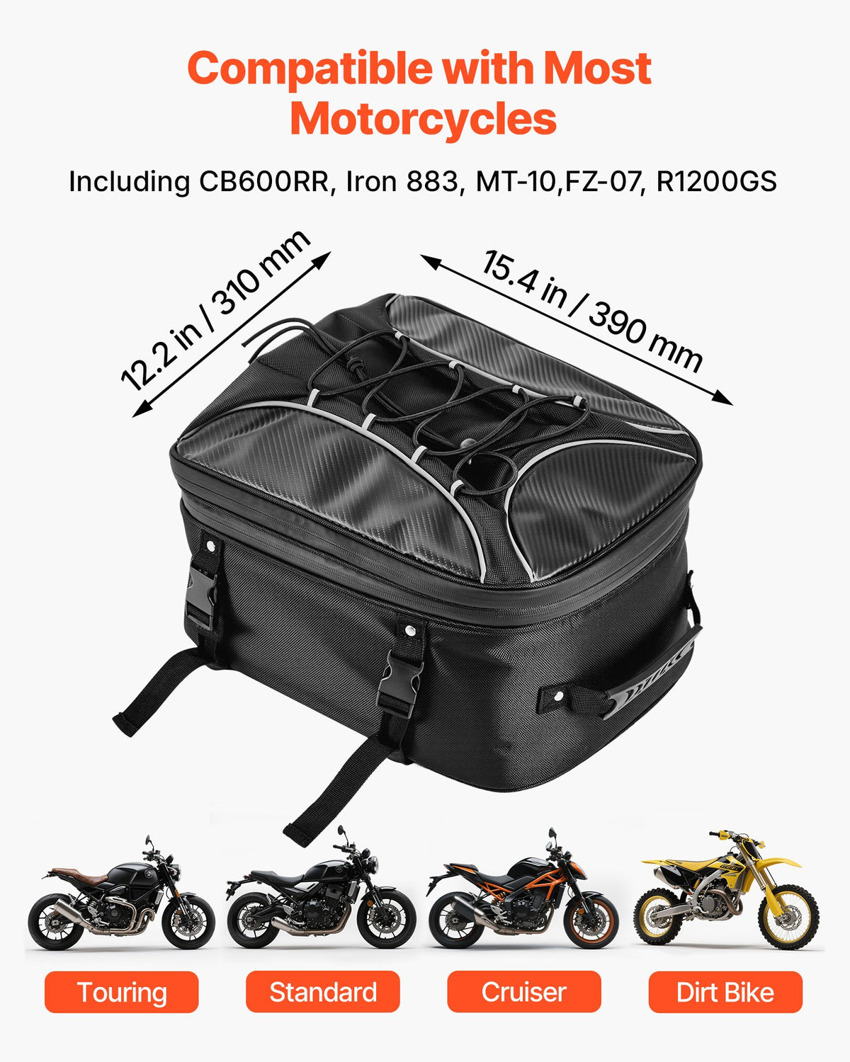 VEVOR Motorcycle Tail Bag, 22-34 L Expandable Motorcycle Rear Seat Bag with Waterproof Rain Cover, Outdoor Sports Motorbike Luggage Storage Backpack Handbag with Straps, Pocket & Elastic Cord, Black - CWBBL2234L00QOB5J001V0 - view 3