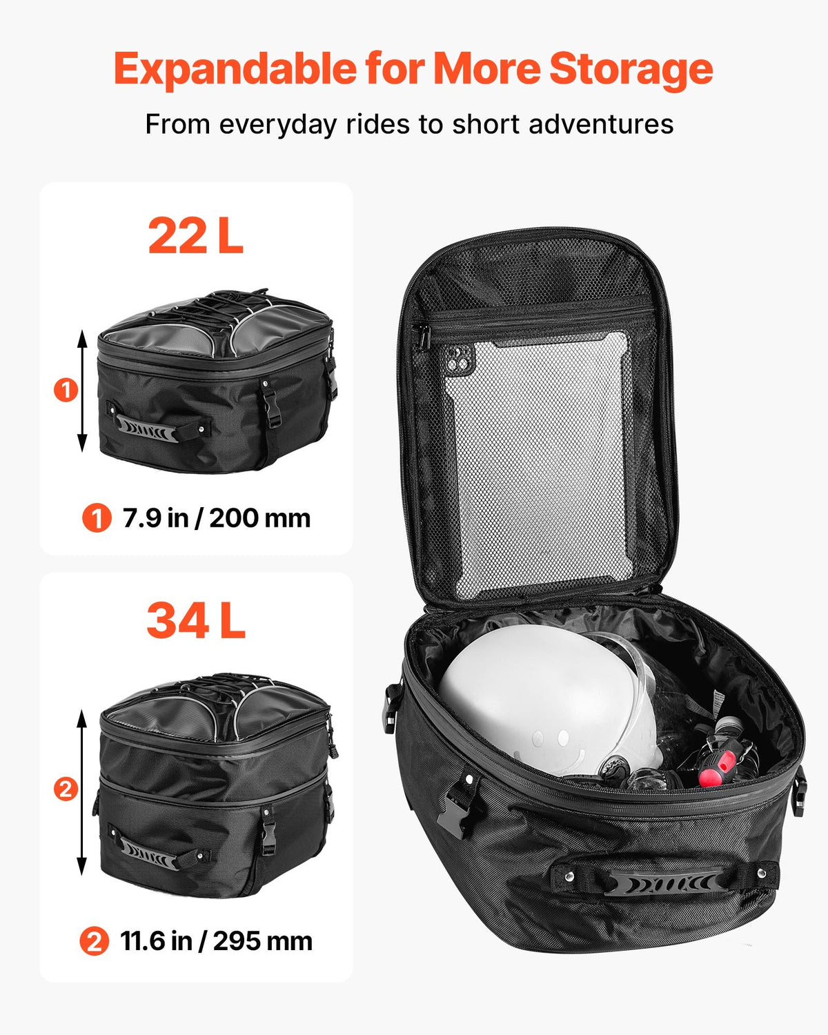 VEVOR Motorcycle Tail Bag, 22-34 L Expandable Motorcycle Rear Seat Bag with Waterproof Rain Cover, Outdoor Sports Motorbike Luggage Storage Backpack Handbag with Straps, Pocket & Elastic Cord, Black - CWBBL2234L00QOB5J001V0 - view 4