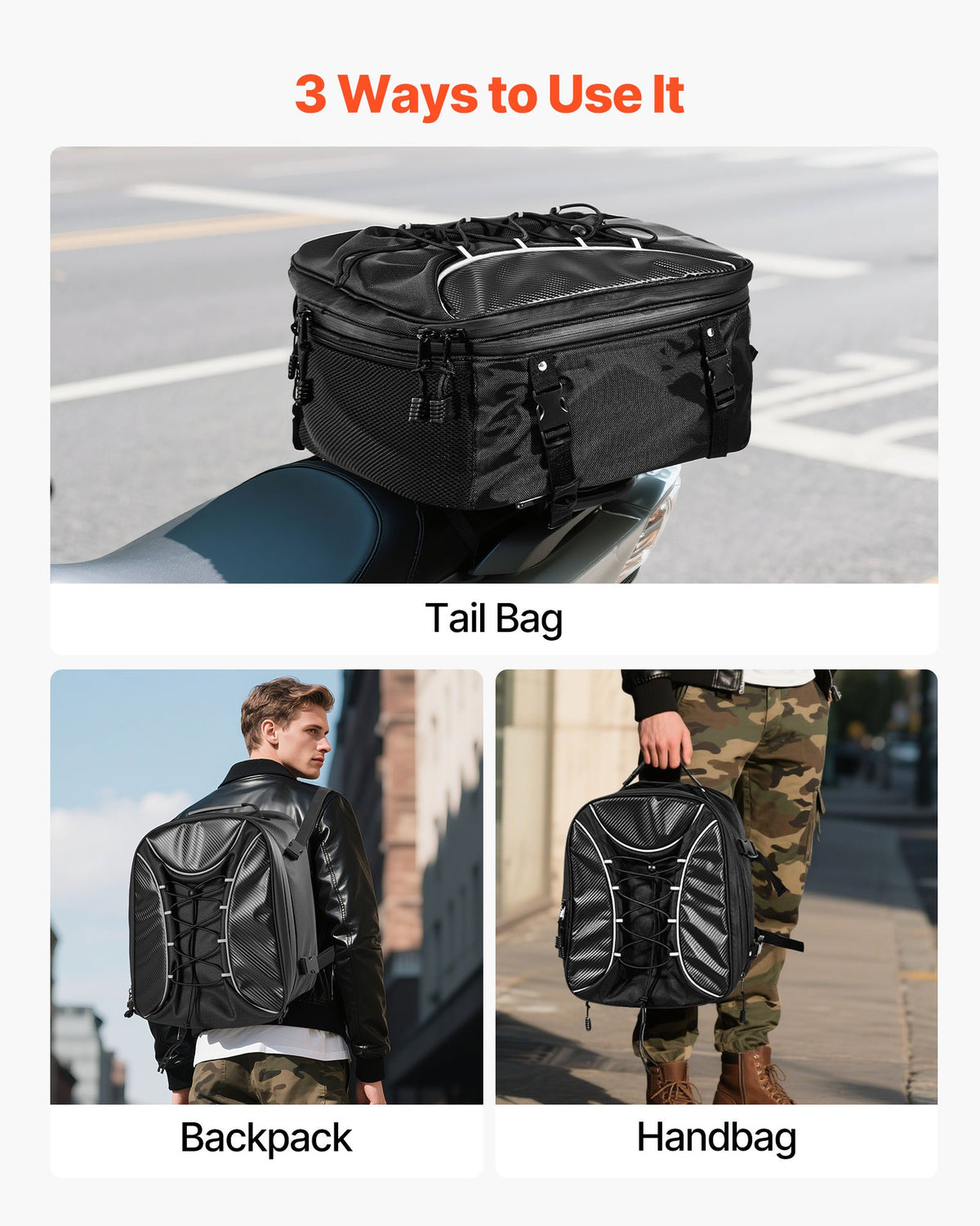VEVOR Motorcycle Tail Bag, 22-34 L Expandable Motorcycle Rear Seat Bag with Waterproof Rain Cover, Outdoor Sports Motorbike Luggage Storage Backpack Handbag with Straps, Pocket & Elastic Cord, Black - CWBBL2234L00QOB5J001V0 - view 7