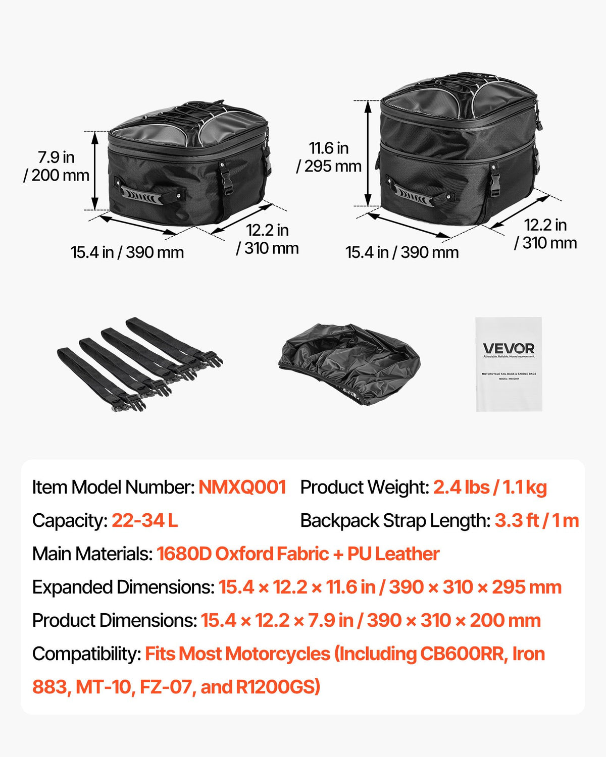 VEVOR Motorcycle Tail Bag, 22-34 L Expandable Motorcycle Rear Seat Bag with Waterproof Rain Cover, Outdoor Sports Motorbike Luggage Storage Backpack Handbag with Straps, Pocket & Elastic Cord, Black - CWBBL2234L00QOB5J001V0 - view 8