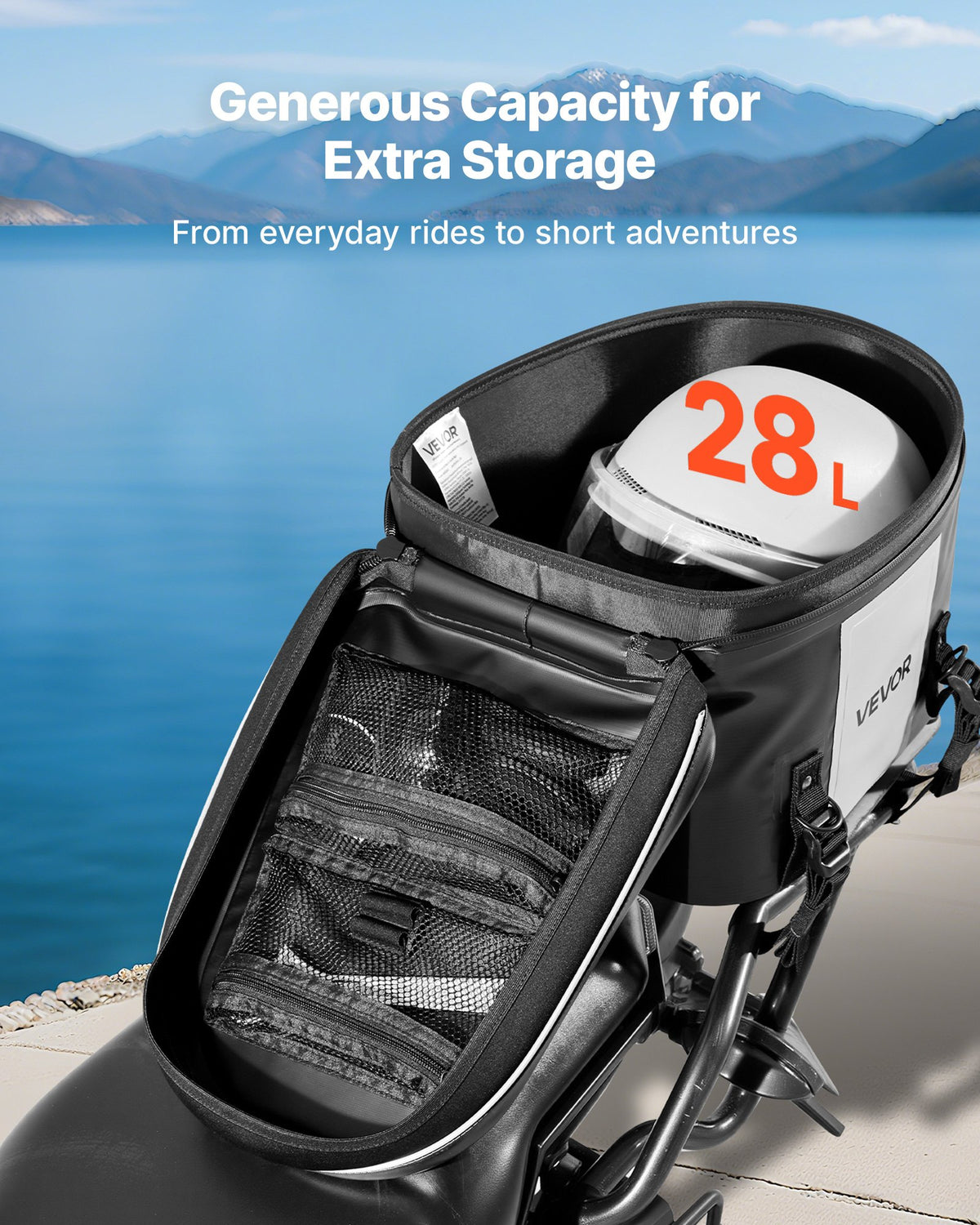 VEVOR Motorcycle Tail Bag, 28 L Motorcycle Rear Seat Bag with Waterproof Fabric, Outdoor Sports Motorbike Luggage Storage Trunk Handbag with Pocket & Adjustable Buckle, Universal Fit Rear Racks, Black - CWBBL28L0000RA1NG001V0 - view 4