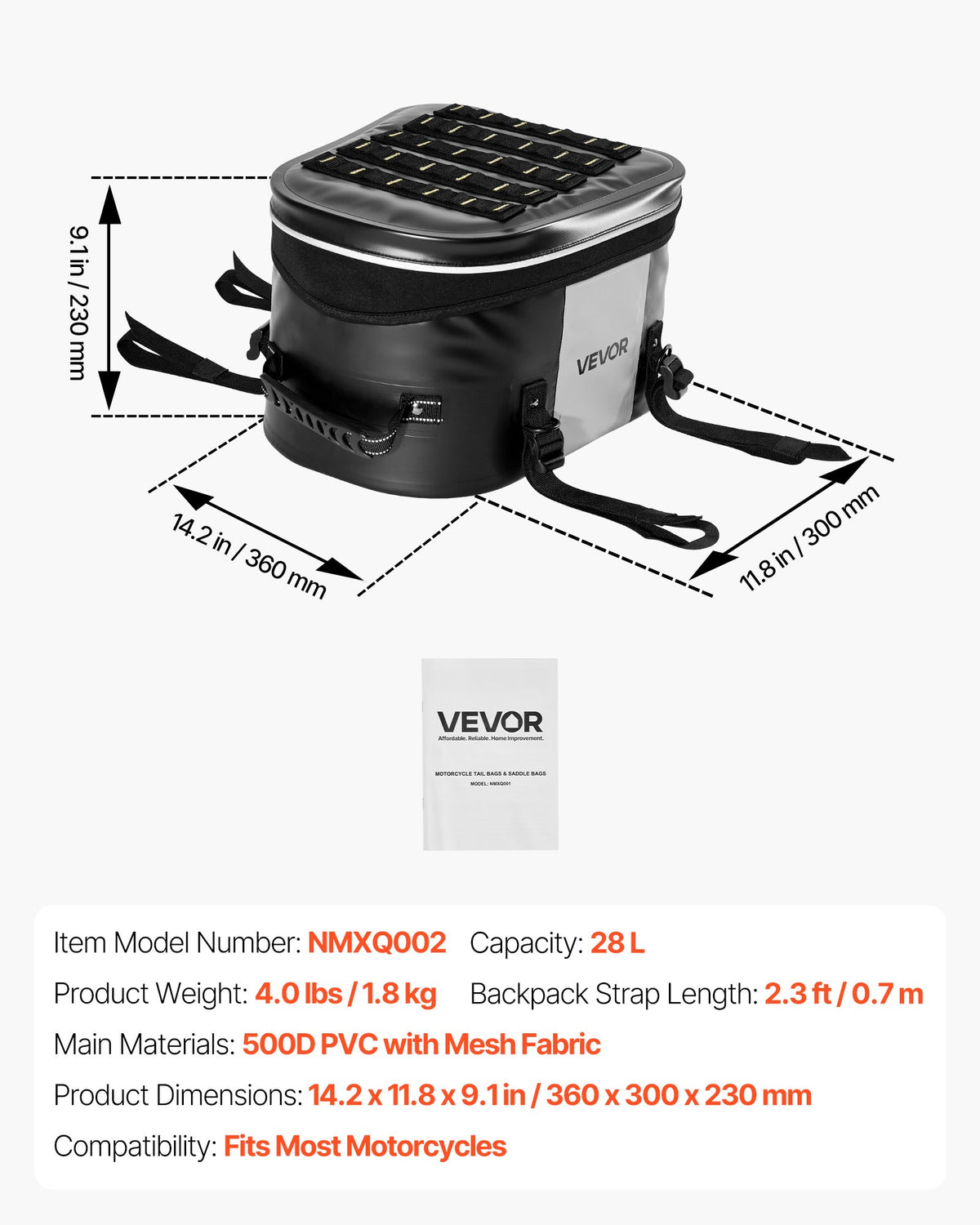 VEVOR Motorcycle Tail Bag, 28 L Motorcycle Rear Seat Bag with Waterproof Fabric, Outdoor Sports Motorbike Luggage Storage Trunk Handbag with Pocket & Adjustable Buckle, Universal Fit Rear Racks, Black - CWBBL28L0000RA1NG001V0 - view 8