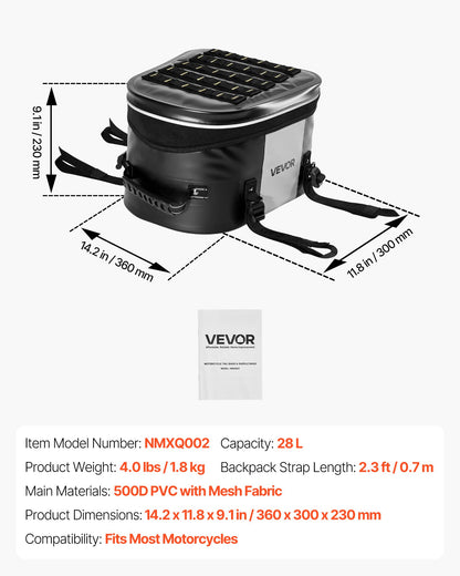 VEVOR Motorcycle Tail Bag, 28 L Motorcycle Rear Seat Bag with Waterproof Fabric, Outdoor Sports Motorbike Luggage Storage Trunk Handbag with Pocket & Adjustable Buckle, Universal Fit Rear Racks, Black - CWBBL28L0000RA1NG001V0 - view 8