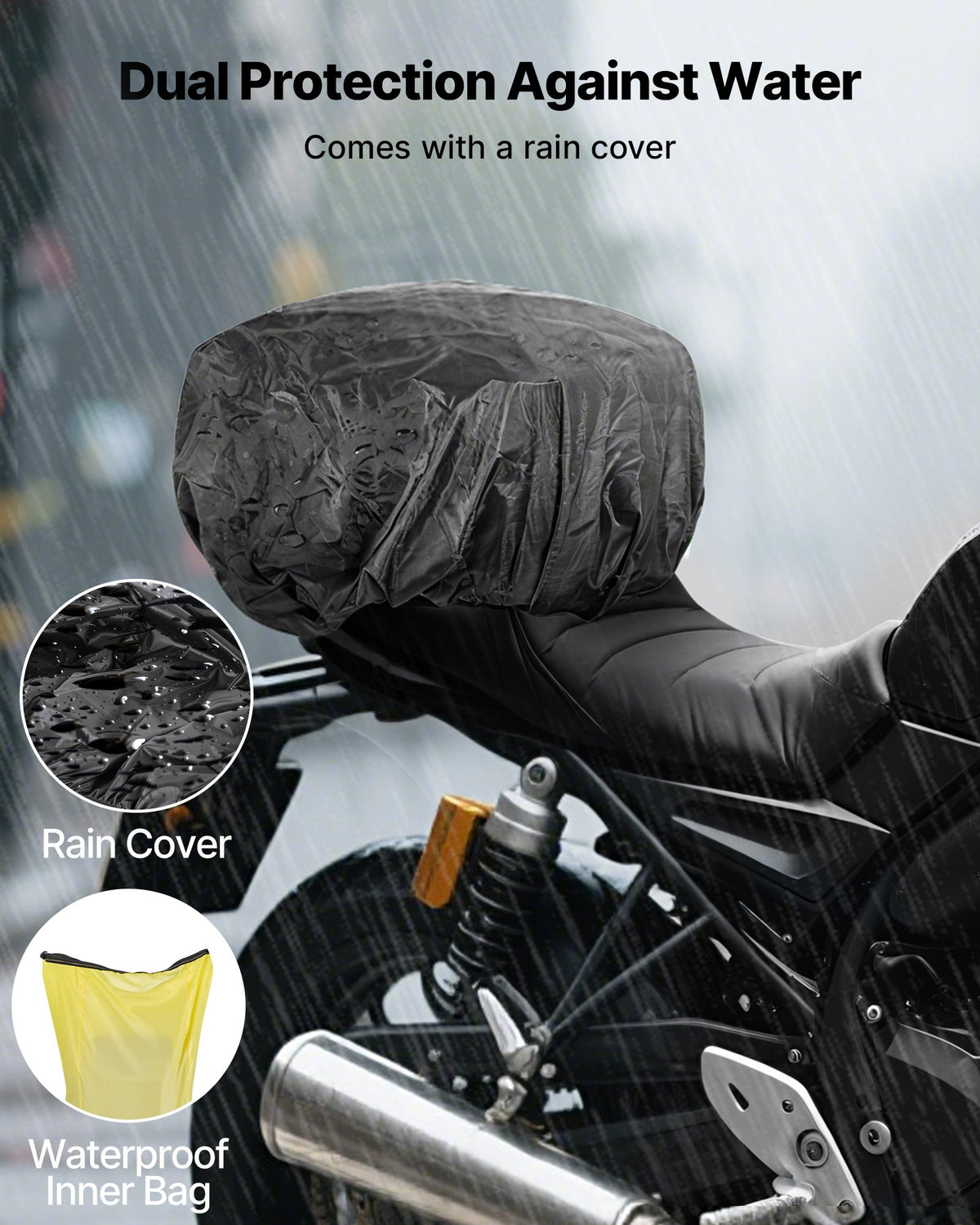 VEVOR Motorcycle Tail Bag, 30 L Motorcycle Rear Seat Bag with Waterproof Rain Cover, Outdoor Sports Motorbike Luggage Storage Trunk Rack Backpack with Shoulder Straps, Universal Fit Rear Racks, Black - CWBBL30L0000F1GH9002V0 - view 6