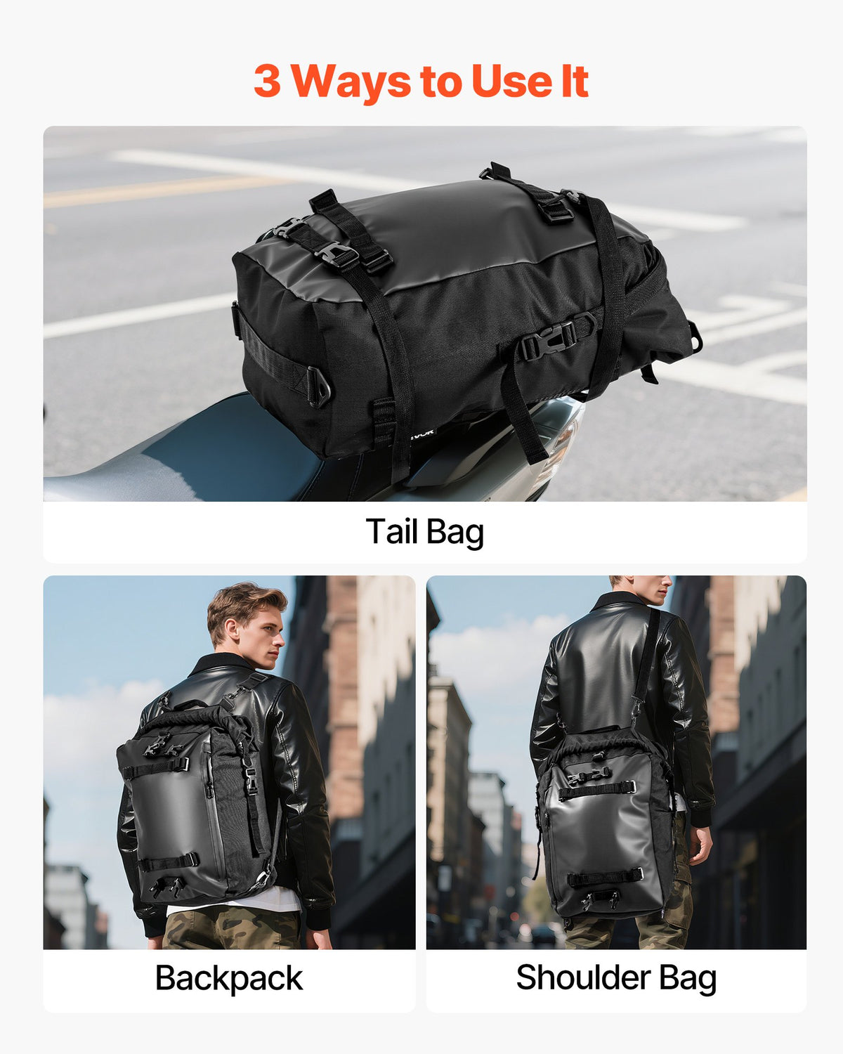 VEVOR Motorcycle Tail Bag, 30 L Motorcycle Rear Seat Bag with Waterproof Rain Cover, Outdoor Sports Motorbike Luggage Storage Trunk Rack Backpack with Shoulder Straps, Universal Fit Rear Racks, Black - CWBBL30L0000F1GH9002V0 - view 7