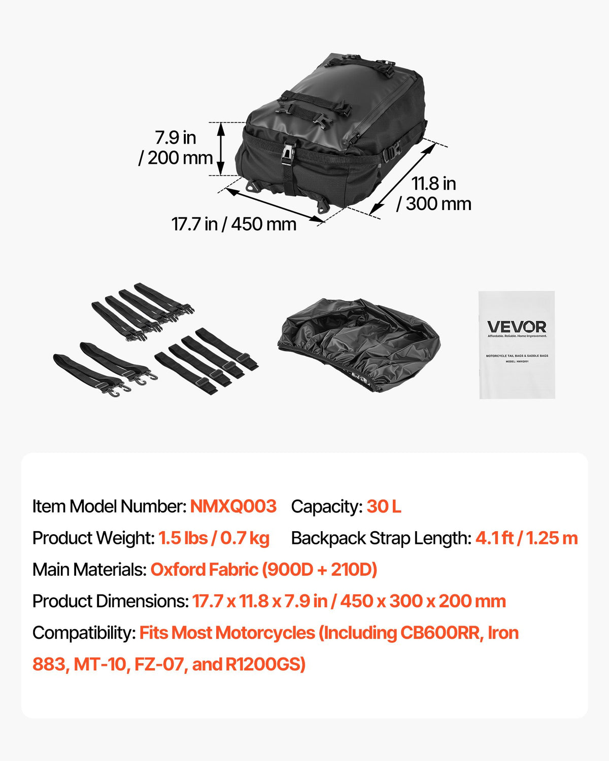 VEVOR Motorcycle Tail Bag, 30 L Motorcycle Rear Seat Bag with Waterproof Rain Cover, Outdoor Sports Motorbike Luggage Storage Trunk Rack Backpack with Shoulder Straps, Universal Fit Rear Racks, Black - CWBBL30L0000F1GH9002V0 - view 8