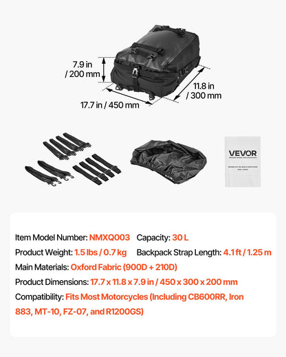VEVOR Motorcycle Tail Bag, 30 L Motorcycle Rear Seat Bag with Waterproof Rain Cover, Outdoor Sports Motorbike Luggage Storage Trunk Rack Backpack with Shoulder Straps, Universal Fit Rear Racks, Black - CWBBL30L0000F1GH9002V0 - view 8