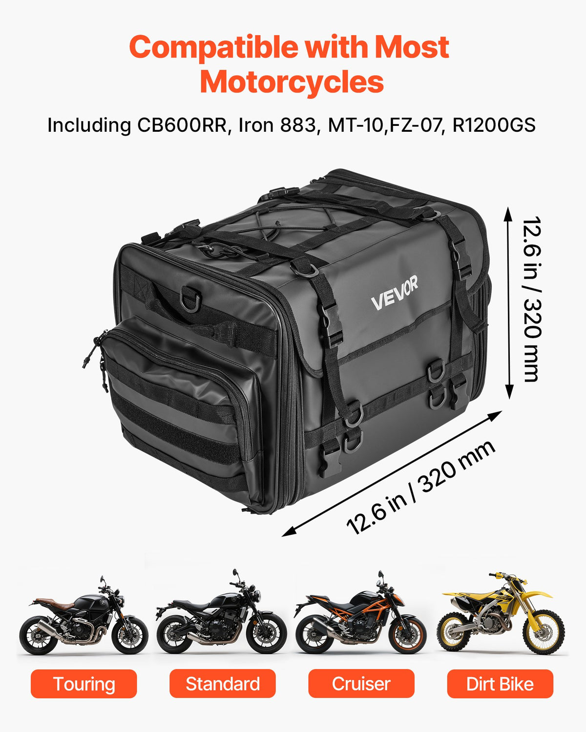 VEVOR Motorcycle Tail Bag, 40-60 L Expandable Motorcycle Rear Seat Bag with Waterproof Rain Cover, Foldable Outdoor Sports Motorbike Luggage Storage with Shoulder Straps, Pocket & Elastic Cord, Black - CWBBL4060L00QEF88003V0 - view 3