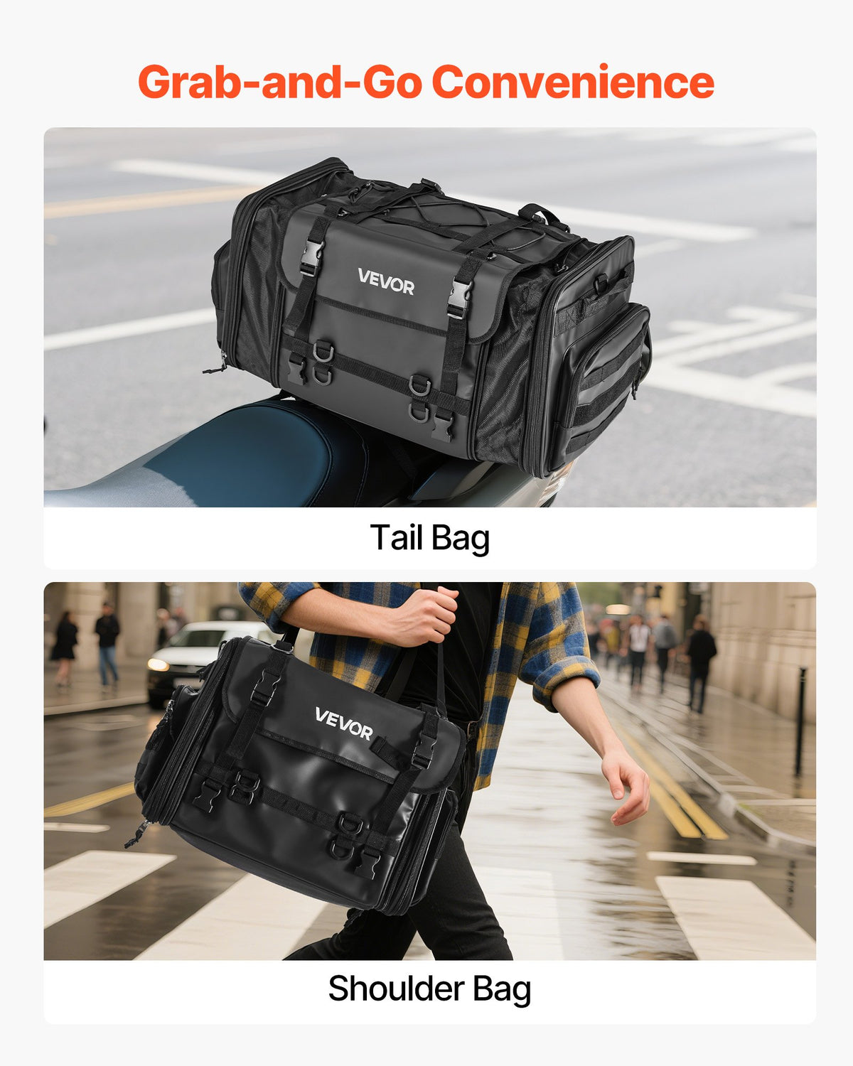 VEVOR Motorcycle Tail Bag, 40-60 L Expandable Motorcycle Rear Seat Bag with Waterproof Rain Cover, Foldable Outdoor Sports Motorbike Luggage Storage with Shoulder Straps, Pocket & Elastic Cord, Black - CWBBL4060L00QEF88003V0 - view 7