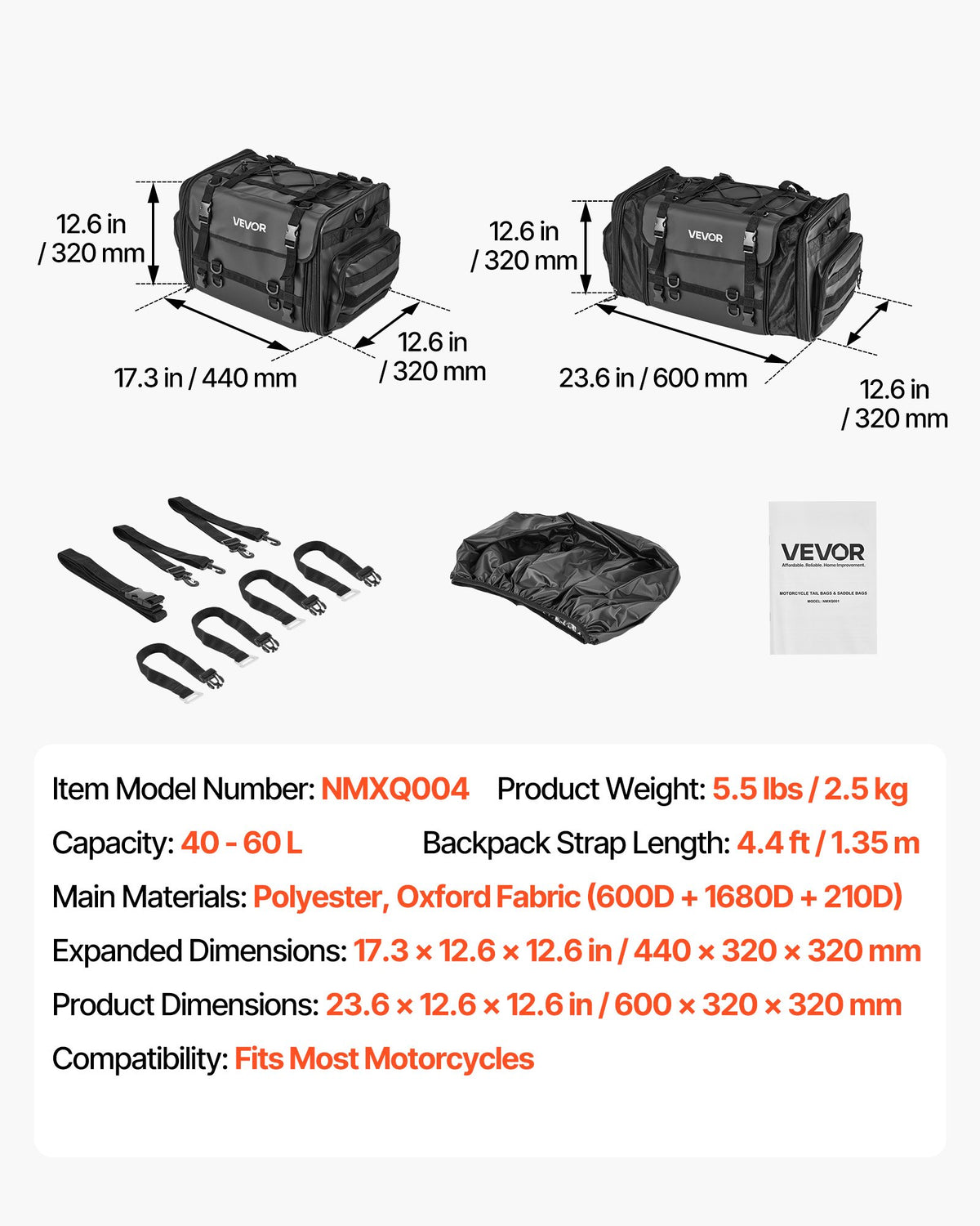 VEVOR Motorcycle Tail Bag, 40-60 L Expandable Motorcycle Rear Seat Bag with Waterproof Rain Cover, Foldable Outdoor Sports Motorbike Luggage Storage with Shoulder Straps, Pocket & Elastic Cord, Black - CWBBL4060L00QEF88003V0 - view 8