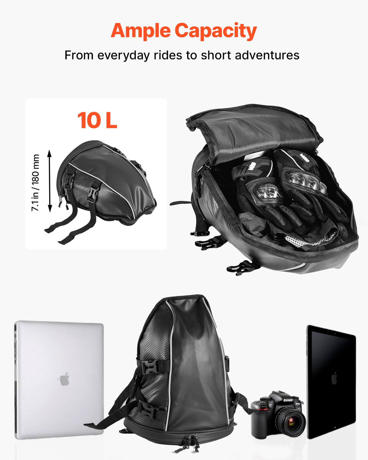 VEVOR Motorcycle Tail Bag, 10 L Motorcycle Rear Seat Bag with Waterproof Rain Cover, Outdoor Sports Motorbike Luggage Storage Trunk Rack Backpack Handbag with Shoulder Strap and Inner Pocket, Black - CWBPG10L00006SDE8002V0 - view 4