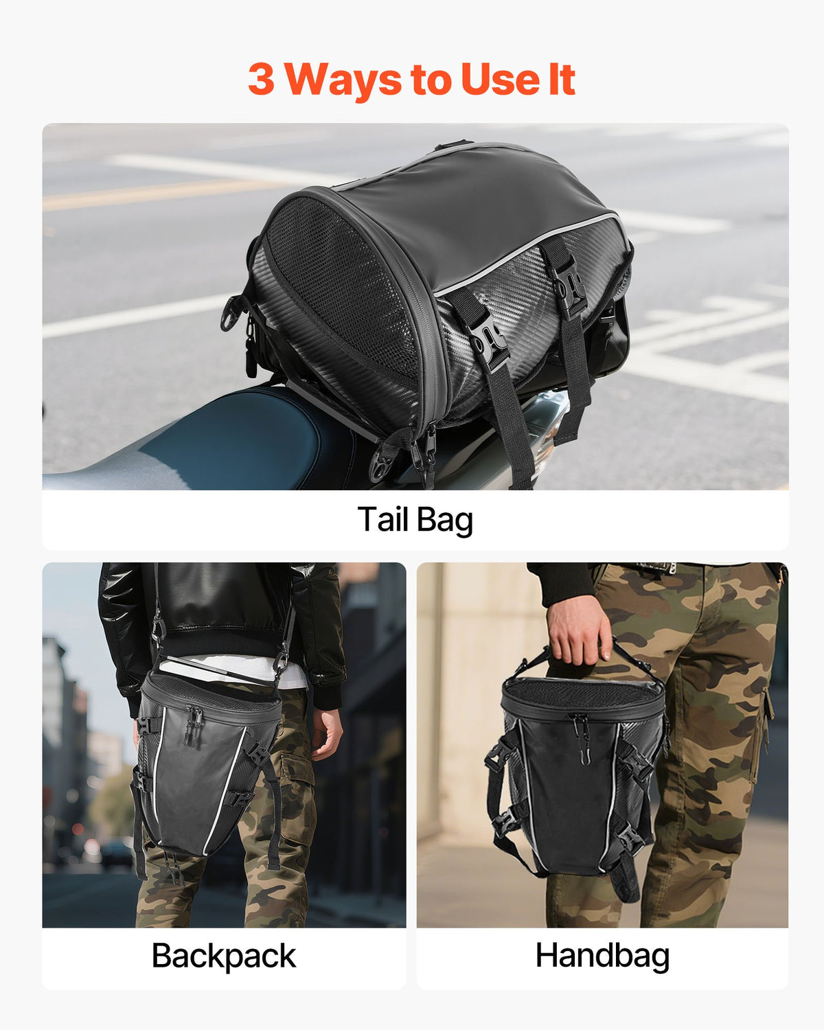 VEVOR Motorcycle Tail Bag, 10 L Motorcycle Rear Seat Bag with Waterproof Rain Cover, Outdoor Sports Motorbike Luggage Storage Trunk Rack Backpack Handbag with Shoulder Strap and Inner Pocket, Black - CWBPG10L00006SDE8002V0 - view 7