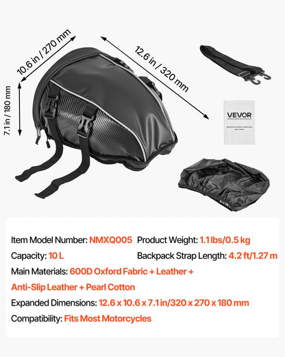 VEVOR Motorcycle Tail Bag, 10 L Motorcycle Rear Seat Bag with Waterproof Rain Cover, Outdoor Sports Motorbike Luggage Storage Trunk Rack Backpack Handbag with Shoulder Strap and Inner Pocket, Black - CWBPG10L00006SDE8002V0 - view 8