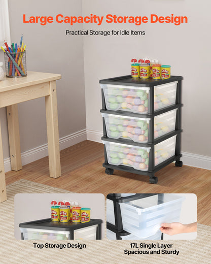 VEVOR Plastic Storage Drawers Cart, 3 Drawers Storage Organizer with Wheels, Rolling Closet Organization and Storage Dividers, Dresser Organizer Clear Bins for Office Supplies, Craft Rooms, Classrooms - CWCT1SLJL3G1N0AIG001V0 - view 3